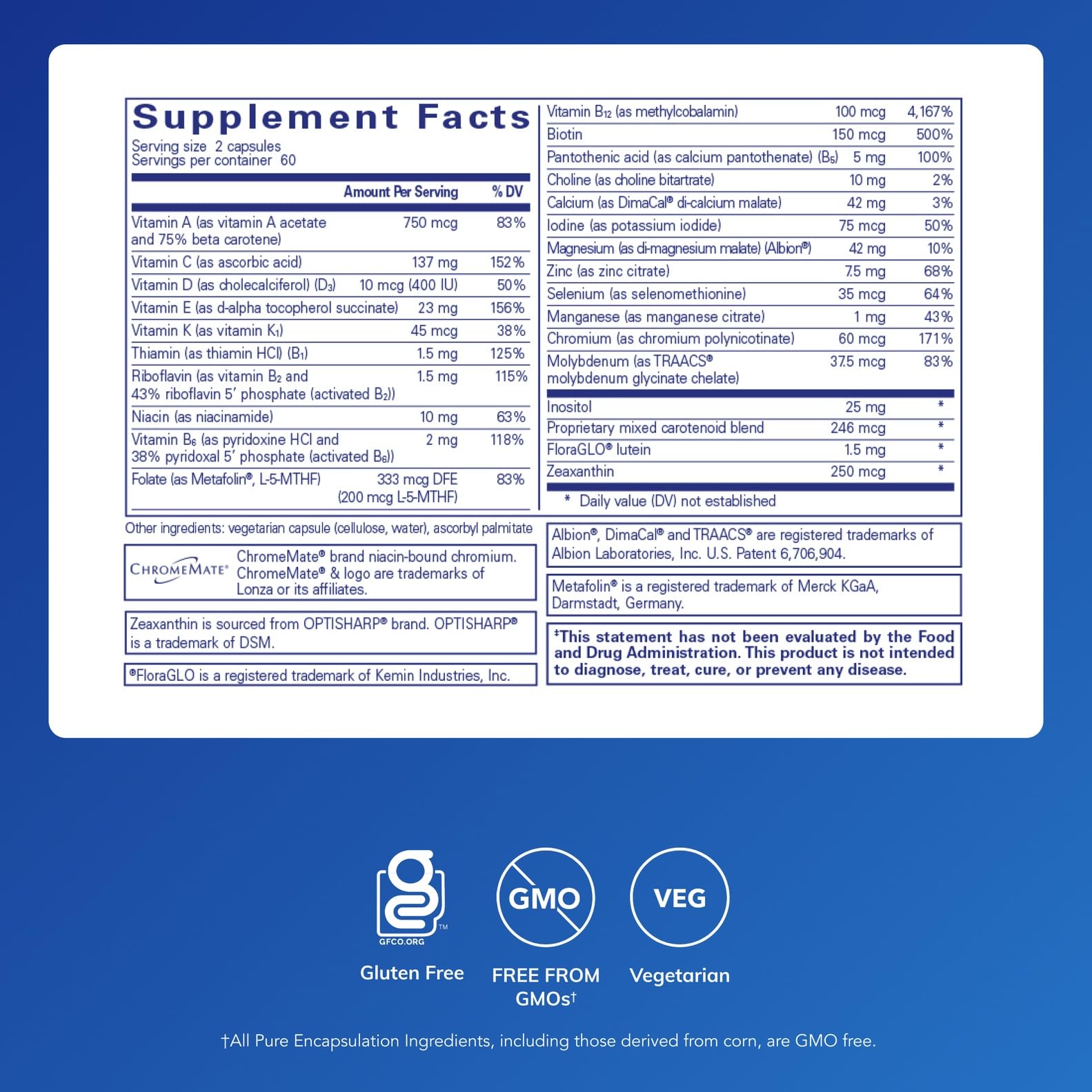 Pure Encapsulations Junior Nutrients – étiquette: sans fer et nutriments essentiels clairement indiqués.