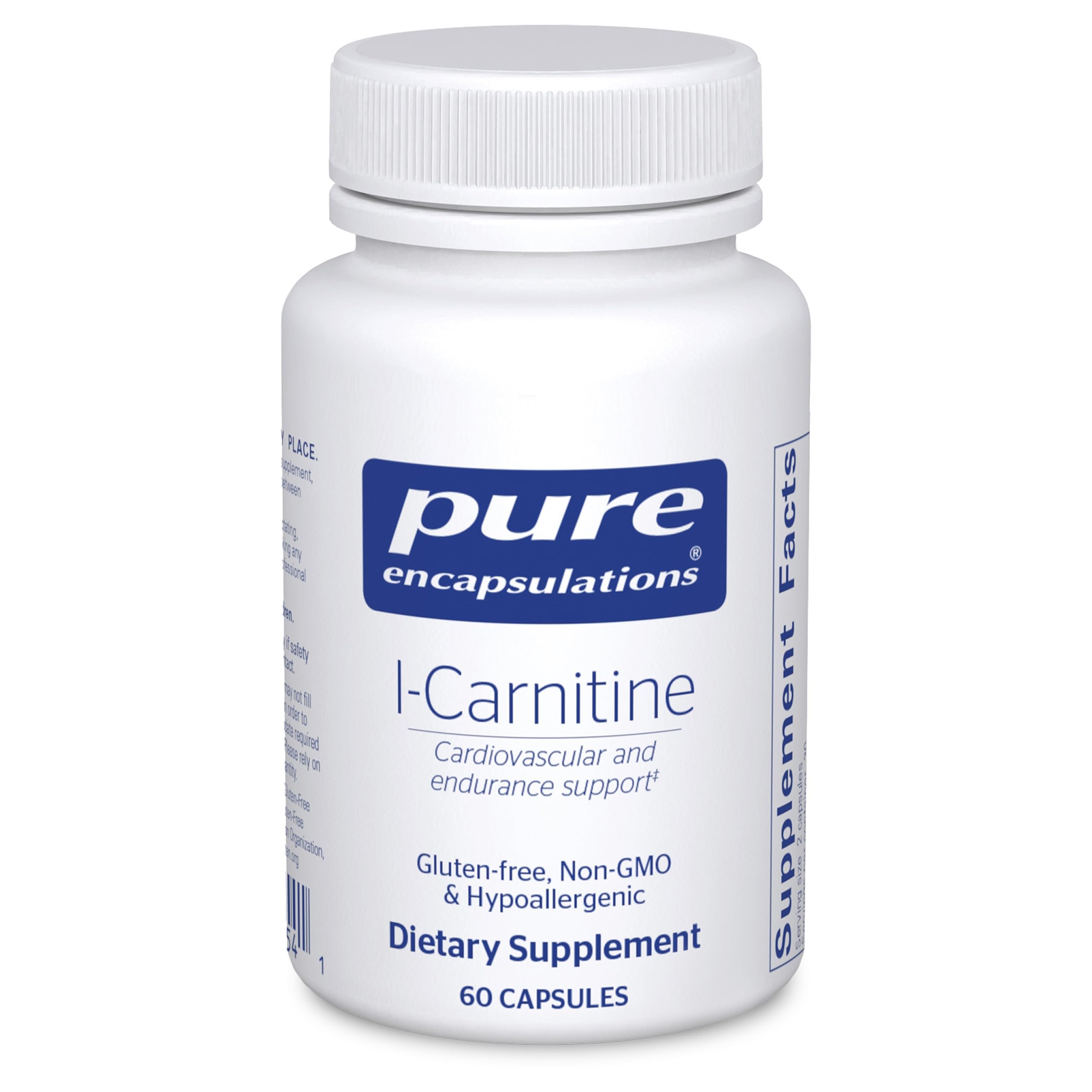 Flacon Pure Encapsulations L-Carnitine et étiquette, soutien potentiel à l'endurance.