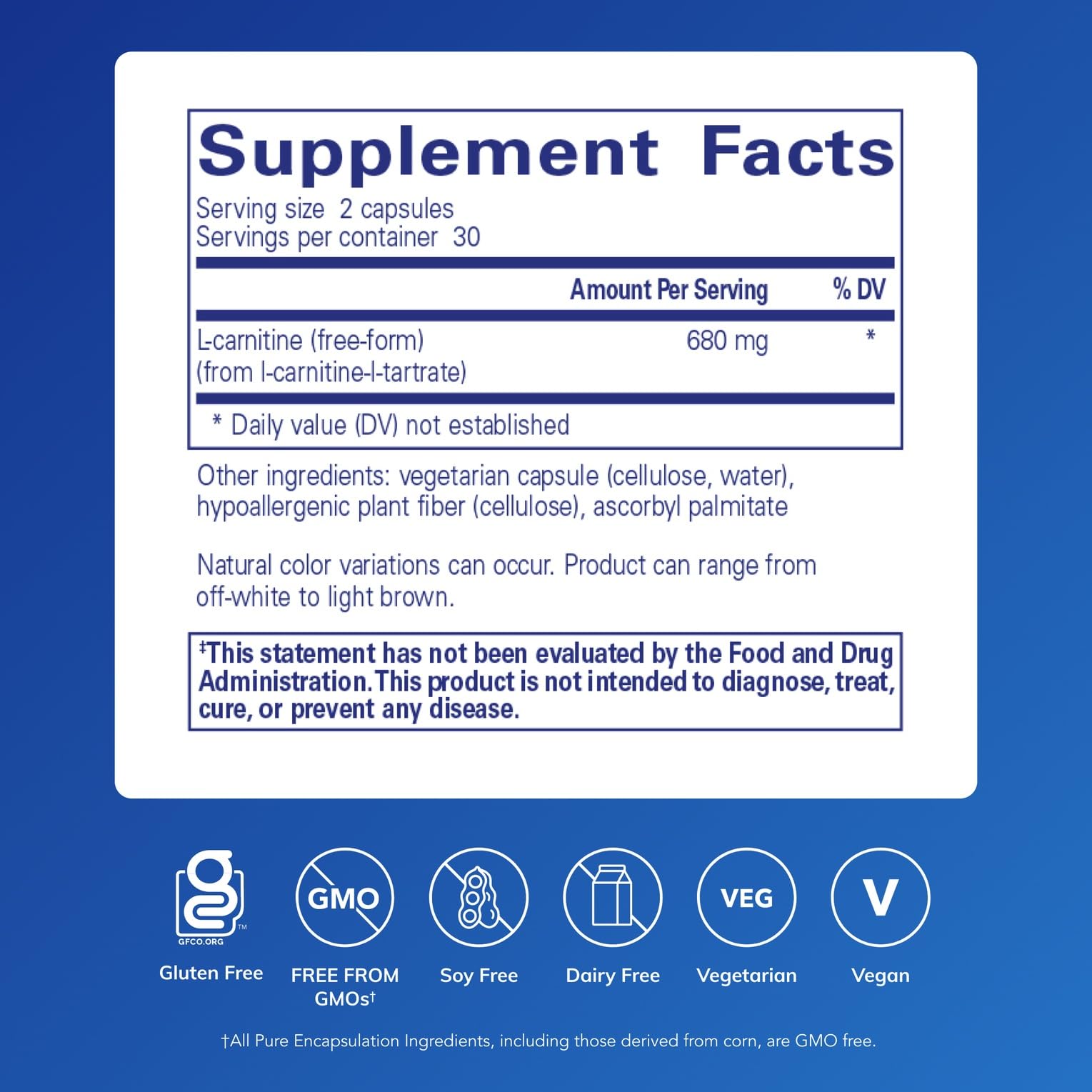 Étiquette Pure Encapsulations L-Carnitine, formule hypoallergénique et pureté vérifiée.