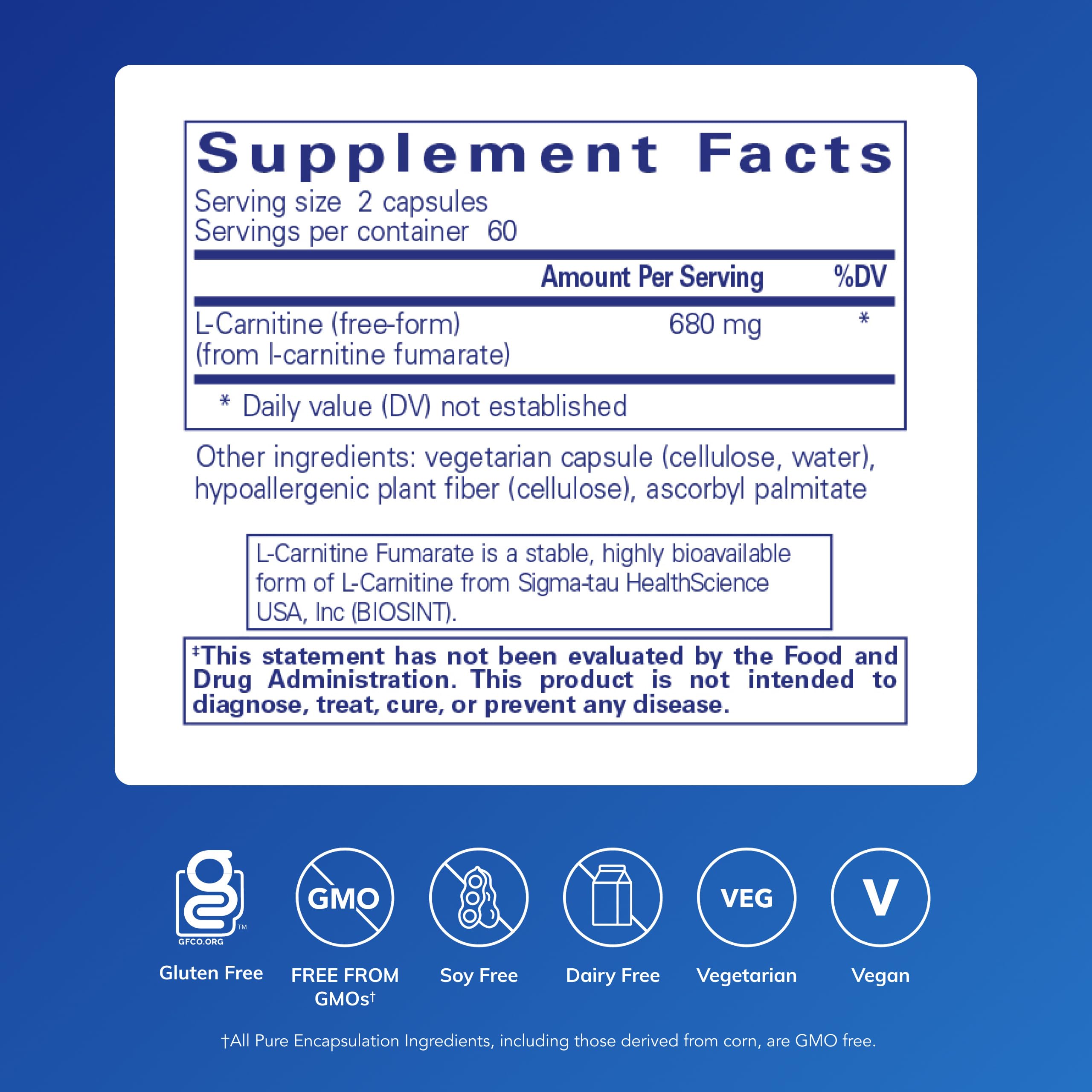 Pure Encapsulations L-Carnitine Fumarate, bouteille arrière, étiquette lisible et informations essentielles.