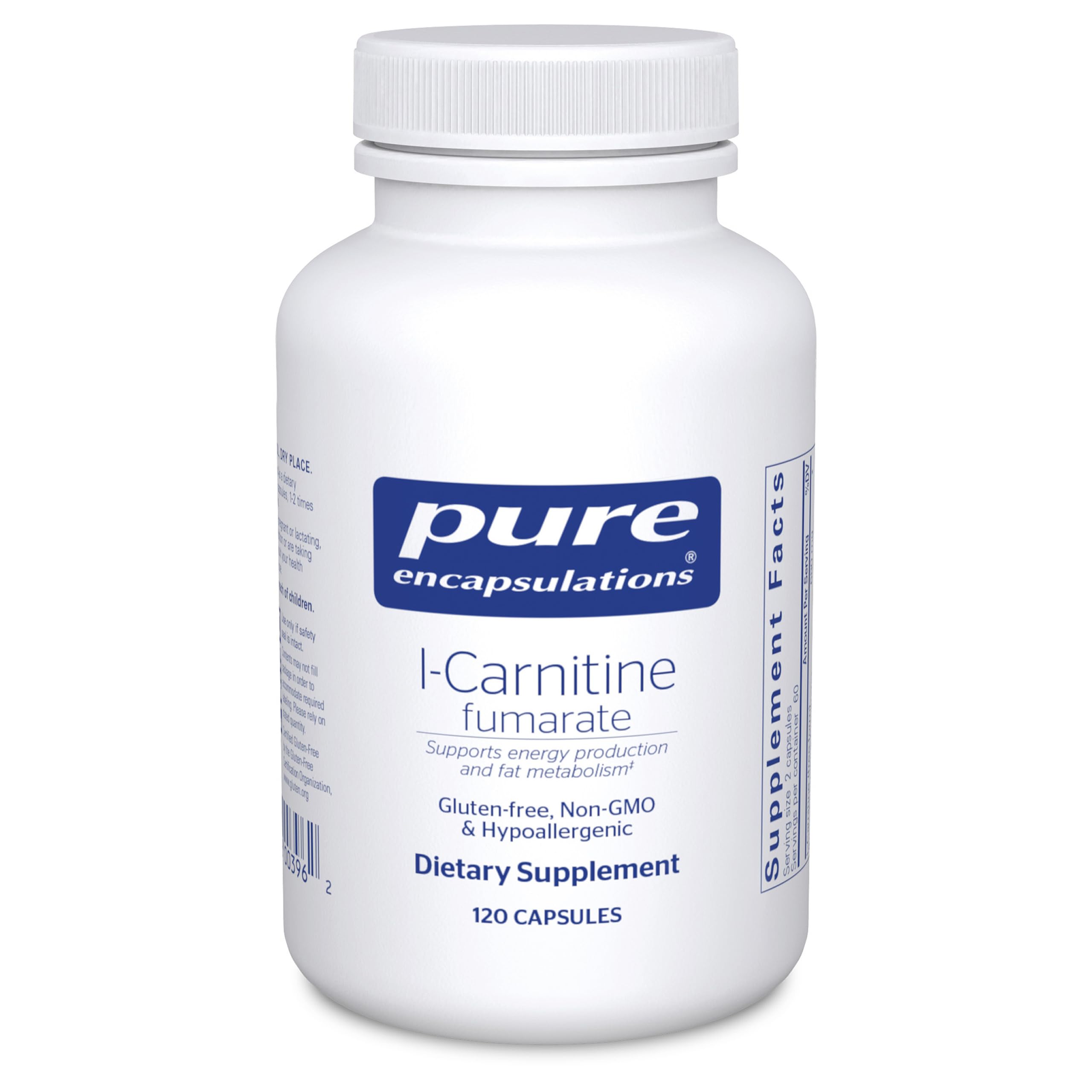 Pure Encapsulations L-Carnitine Fumarate, bouteille avant, dosage pratique.