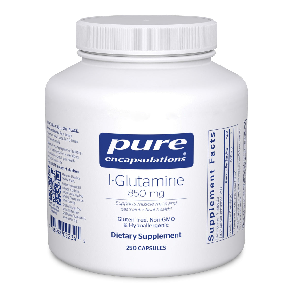 Pure Encapsulations L-Glutamine bouteille avant, soutien potentiel à l'intestin.