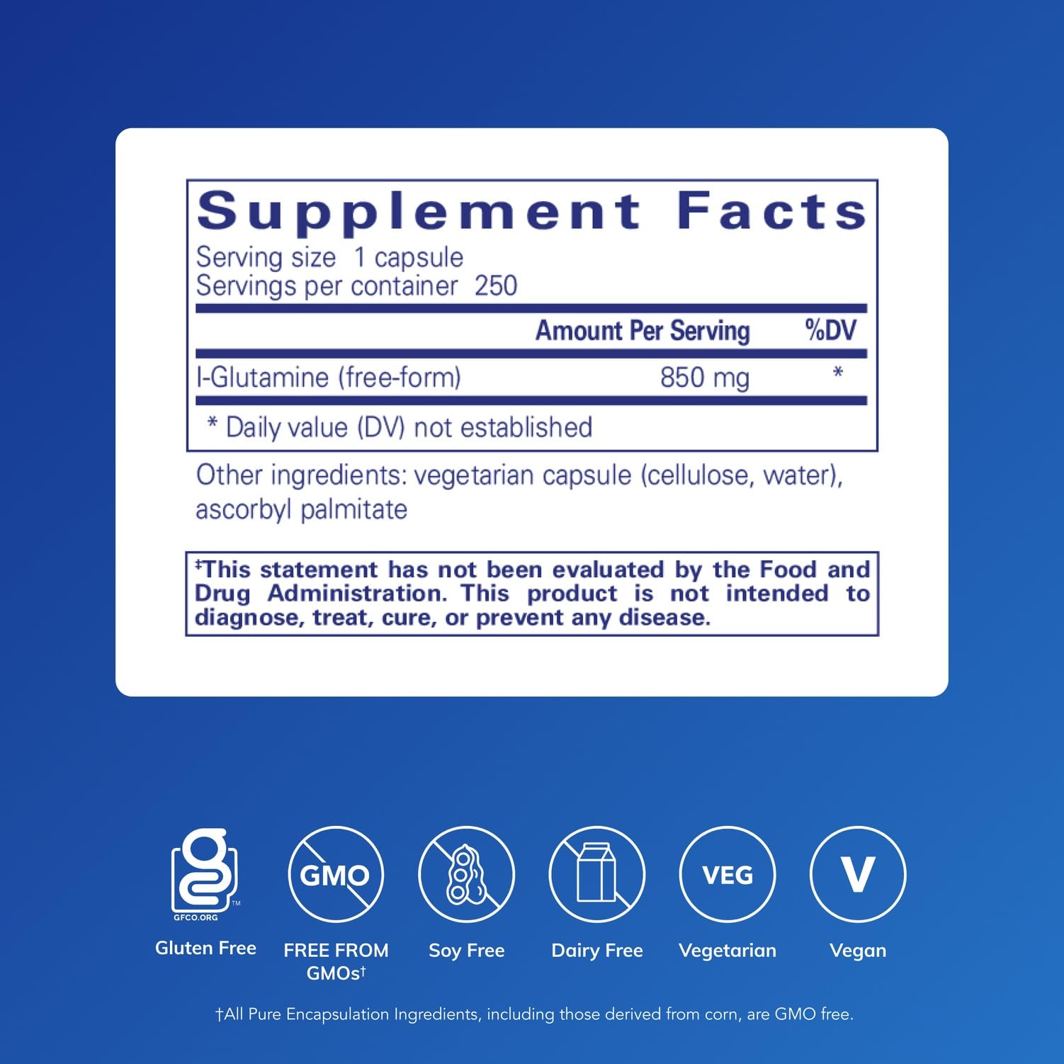 Pure Encapsulations L-Glutamine plan rapproché de l'étiquette, qualité et pureté mises en évidence.
