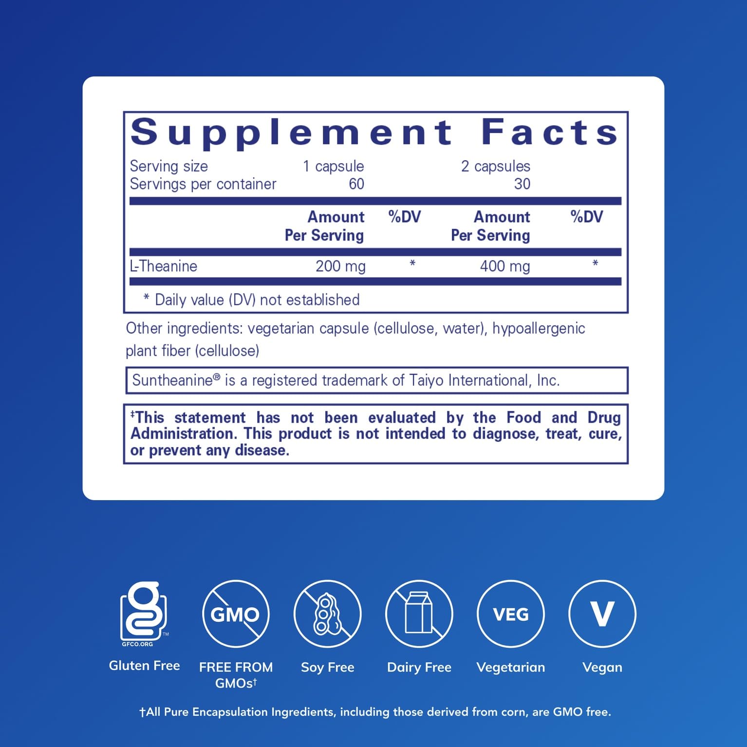 L-Theanine Pure Encapsulations, capsules faciles à avaler, calme possible en moments de stress.