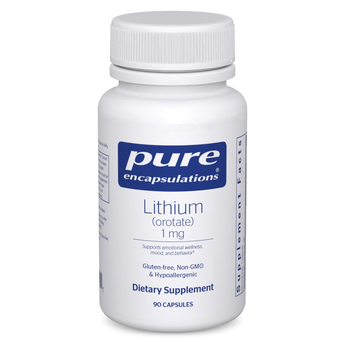 Pure Encapsulations Lithium Orotate 1 mg en bouteille, format pratique pour usage quotidien.
