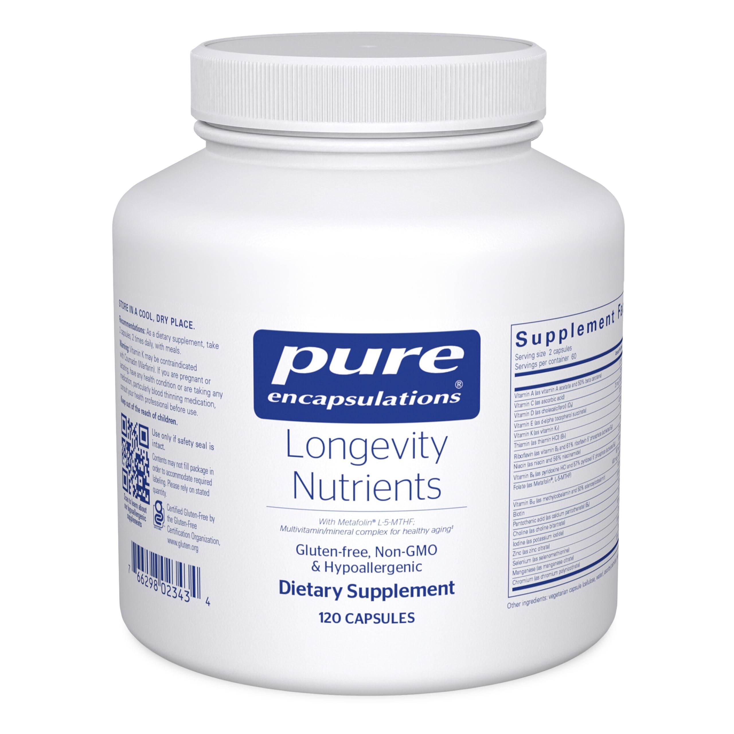 Pure Encapsulations Longevity Nutrients — bouteille bien éclairée, soutien potentiel pour cerveau et énergie.