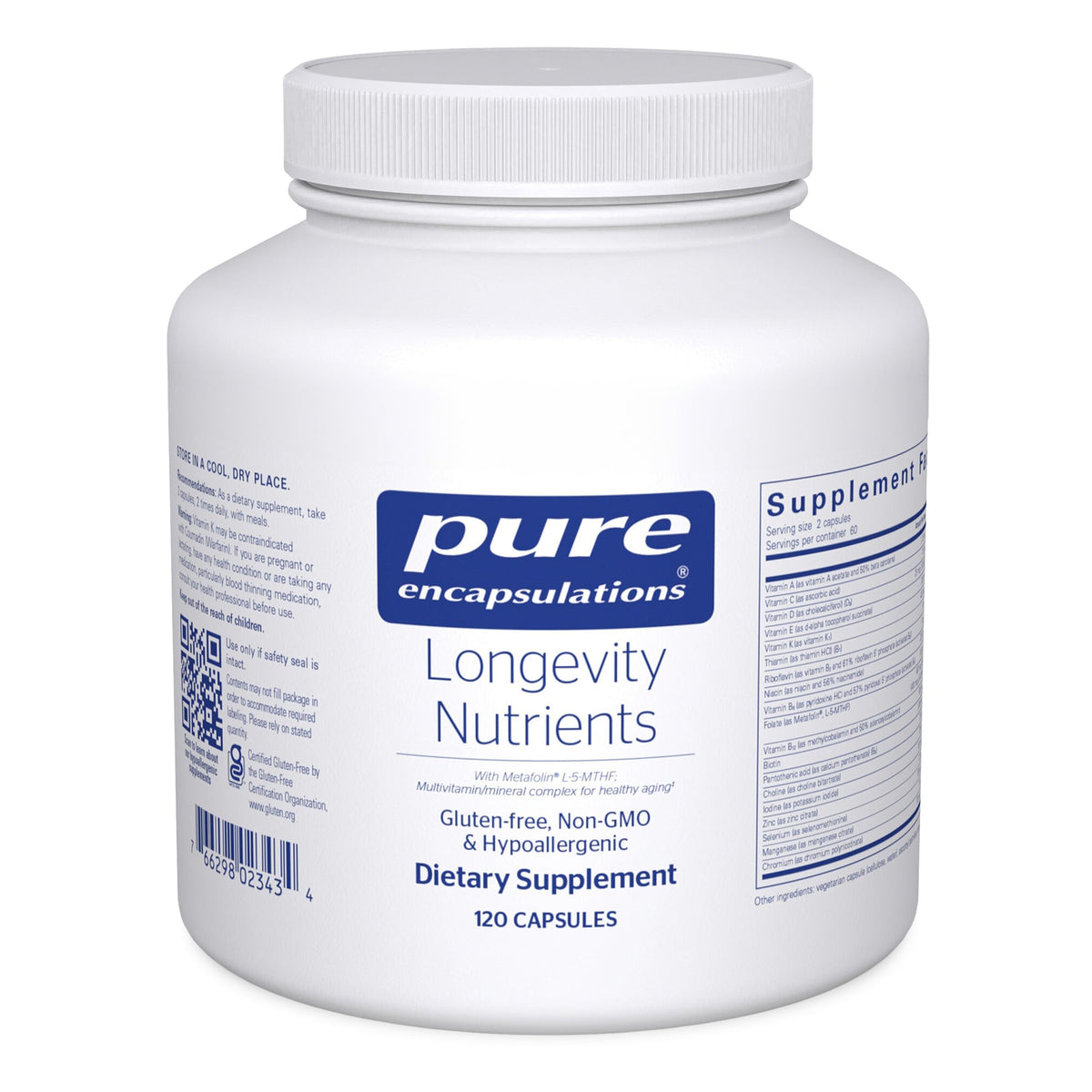 Pure Encapsulations Longevity Nutrients — bouteille bien éclairée, soutien potentiel pour cerveau et énergie.