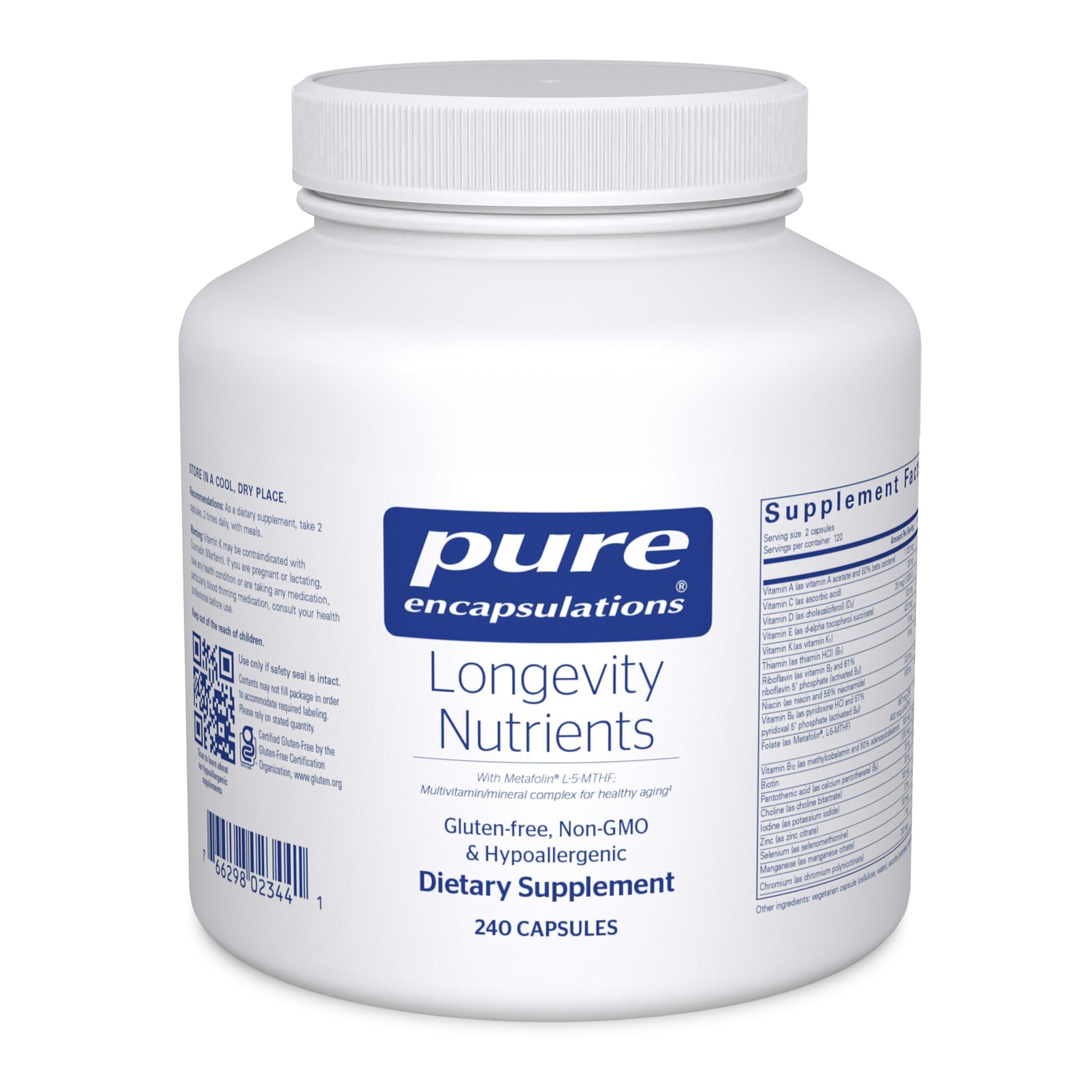 Pure Encapsulations Longevity Nutrients, bouteille: soutien potentiel au vieillissement sain.