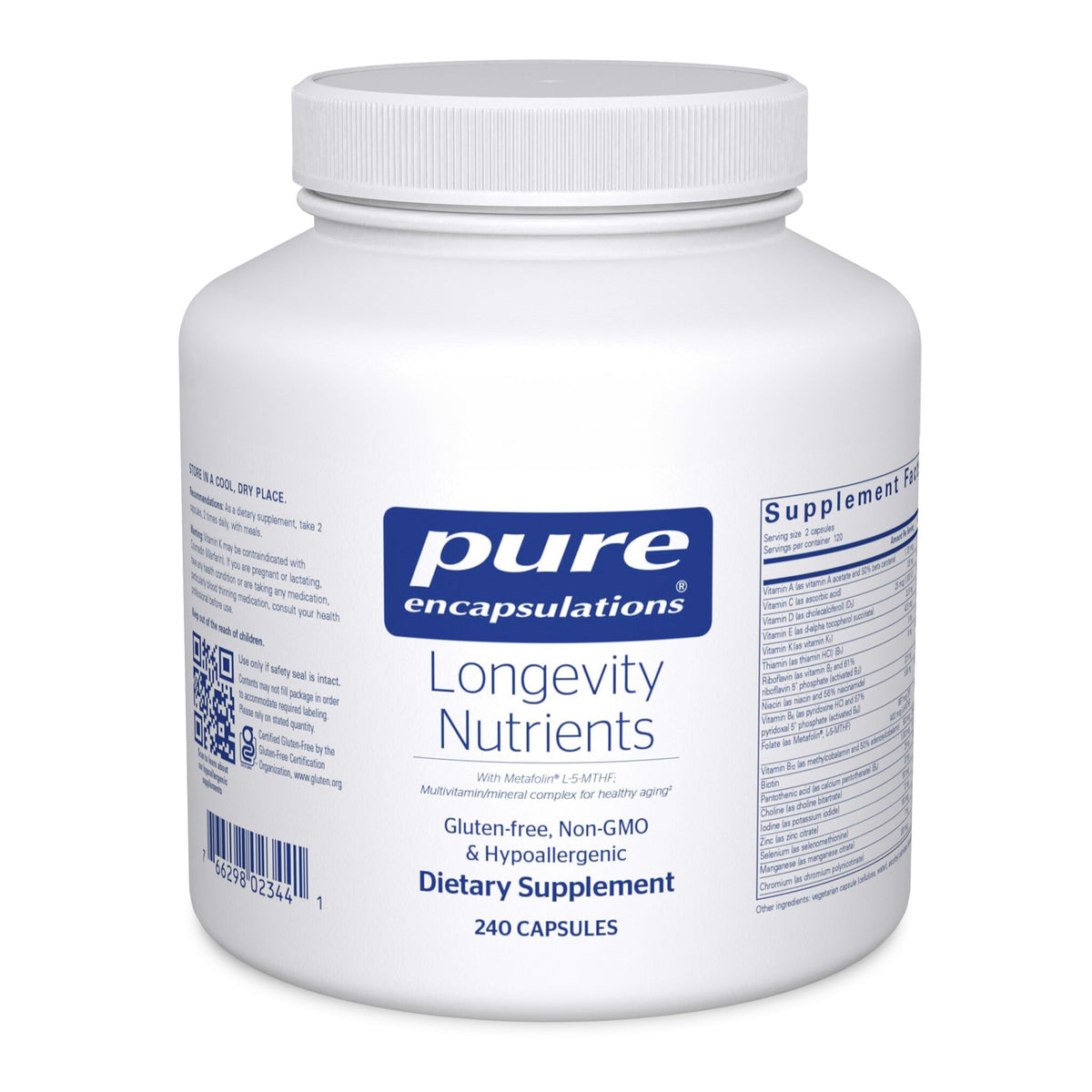 Pure Encapsulations Longevity Nutrients, bouteille: soutien potentiel au vieillissement sain.