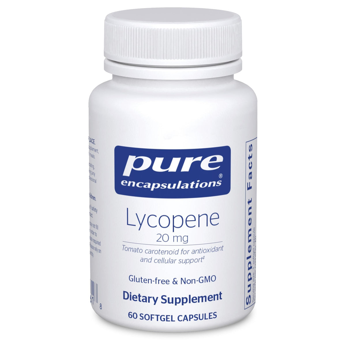 Pure Encapsulations Lycopène 20 mg — bouteille softgel, soutien antioxydant potentiel.