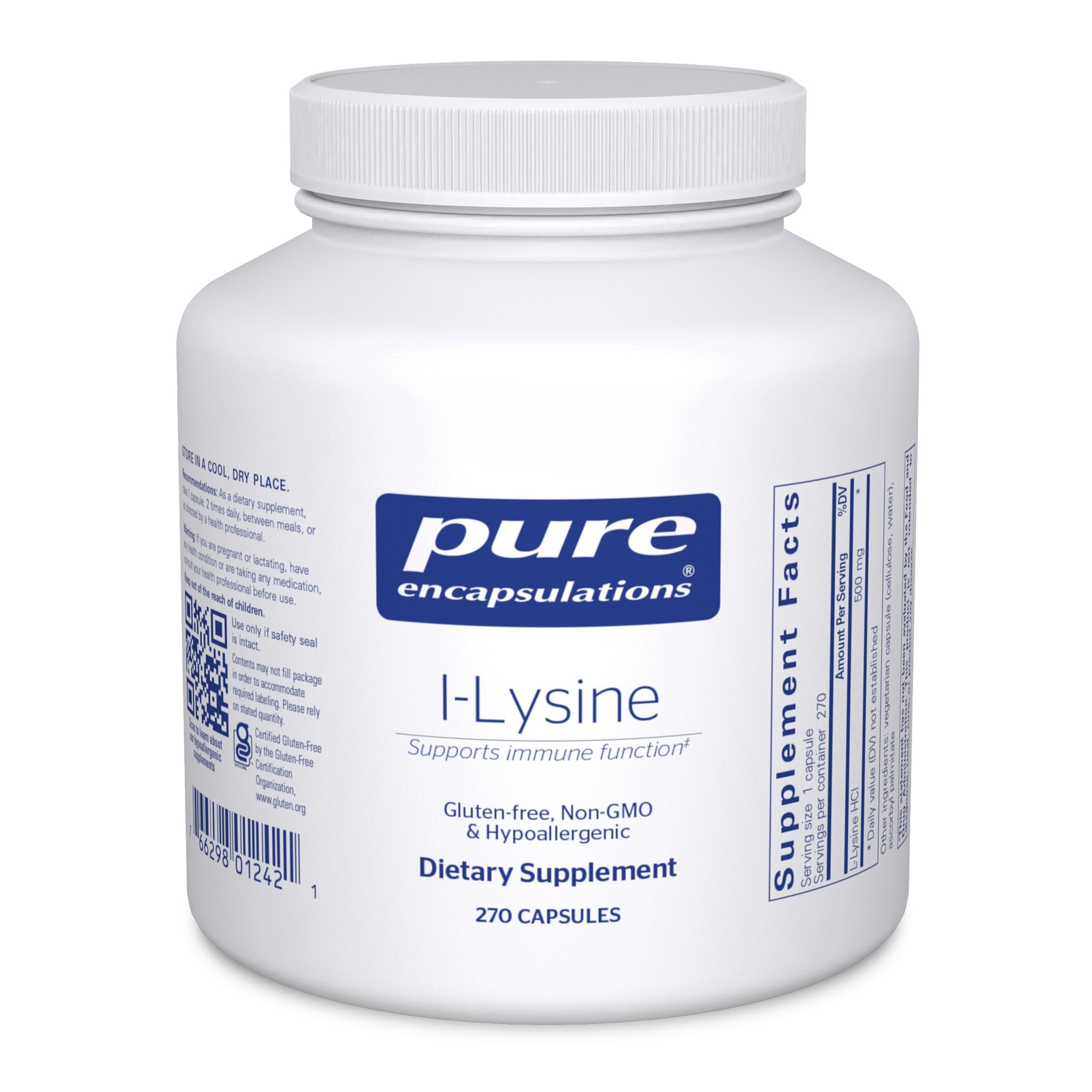 Pure Encapsulations L-Lysine, bouteille avec gélules faciles à avaler pour soutien immunitaire