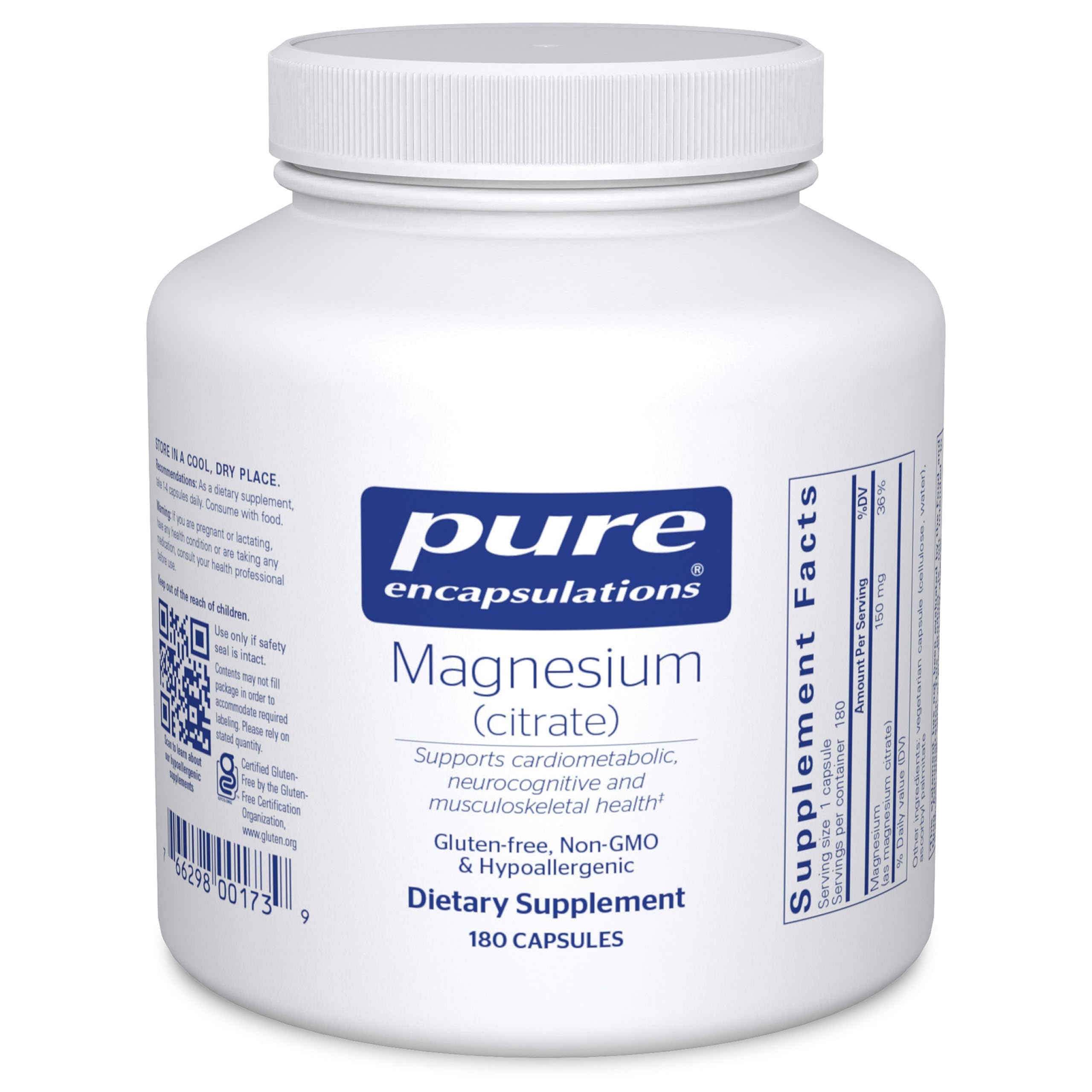 Pure Encapsulations Magnesium (Citrate) — bouteille montrant un complément pour le sommeil et l'énergie.