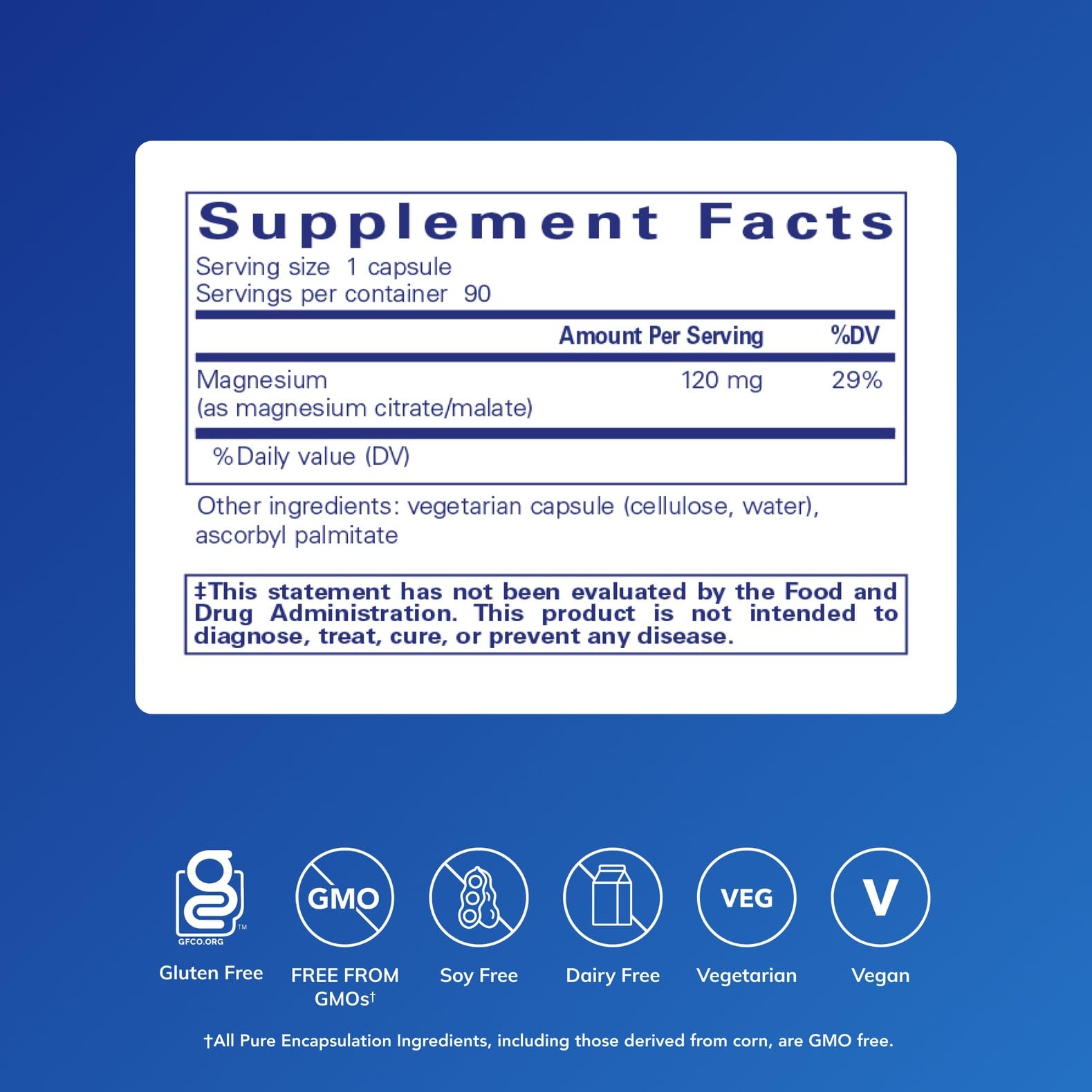 Étiquette lisible sur Pure Encapsulations Magnésium citrate-malate – aide potentielle à la production d'énergie