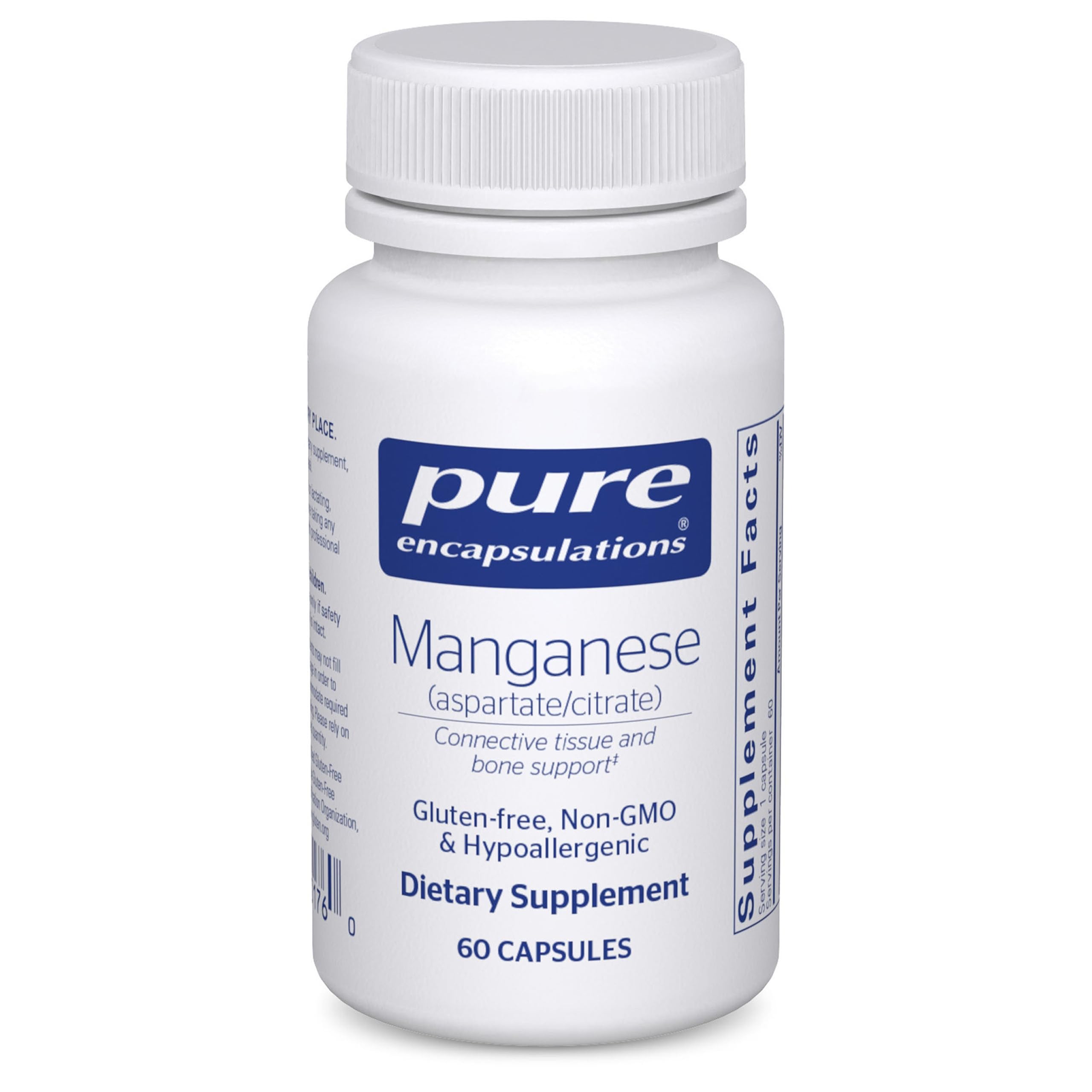 Pure Encapsulations Manganèse : bouteille et étiquette, soutien potentiel à la santé osseuse.