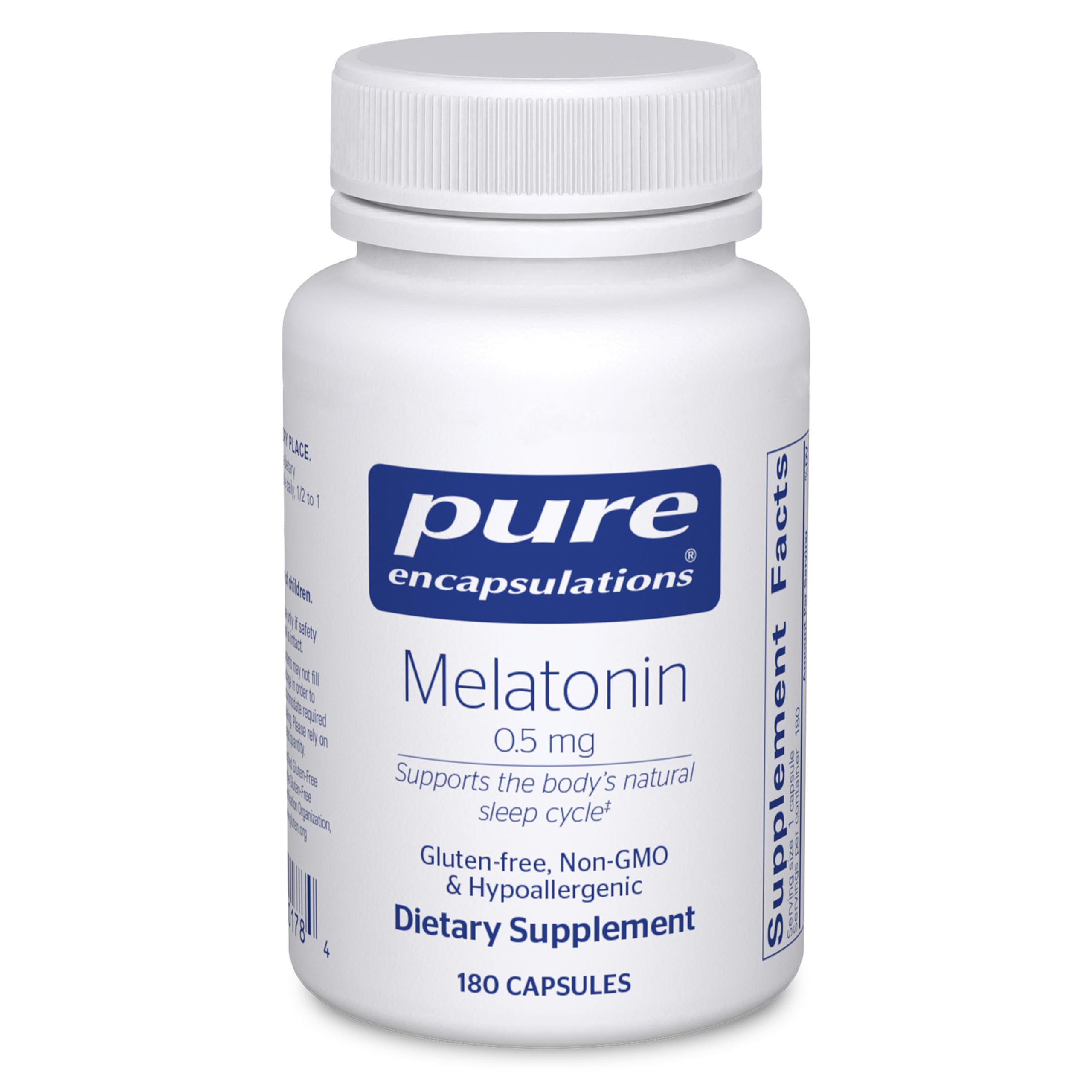 Pure Encapsulations Mélatonine 0,5 mg – bouteille et capsules, soutien possible au sommeil.