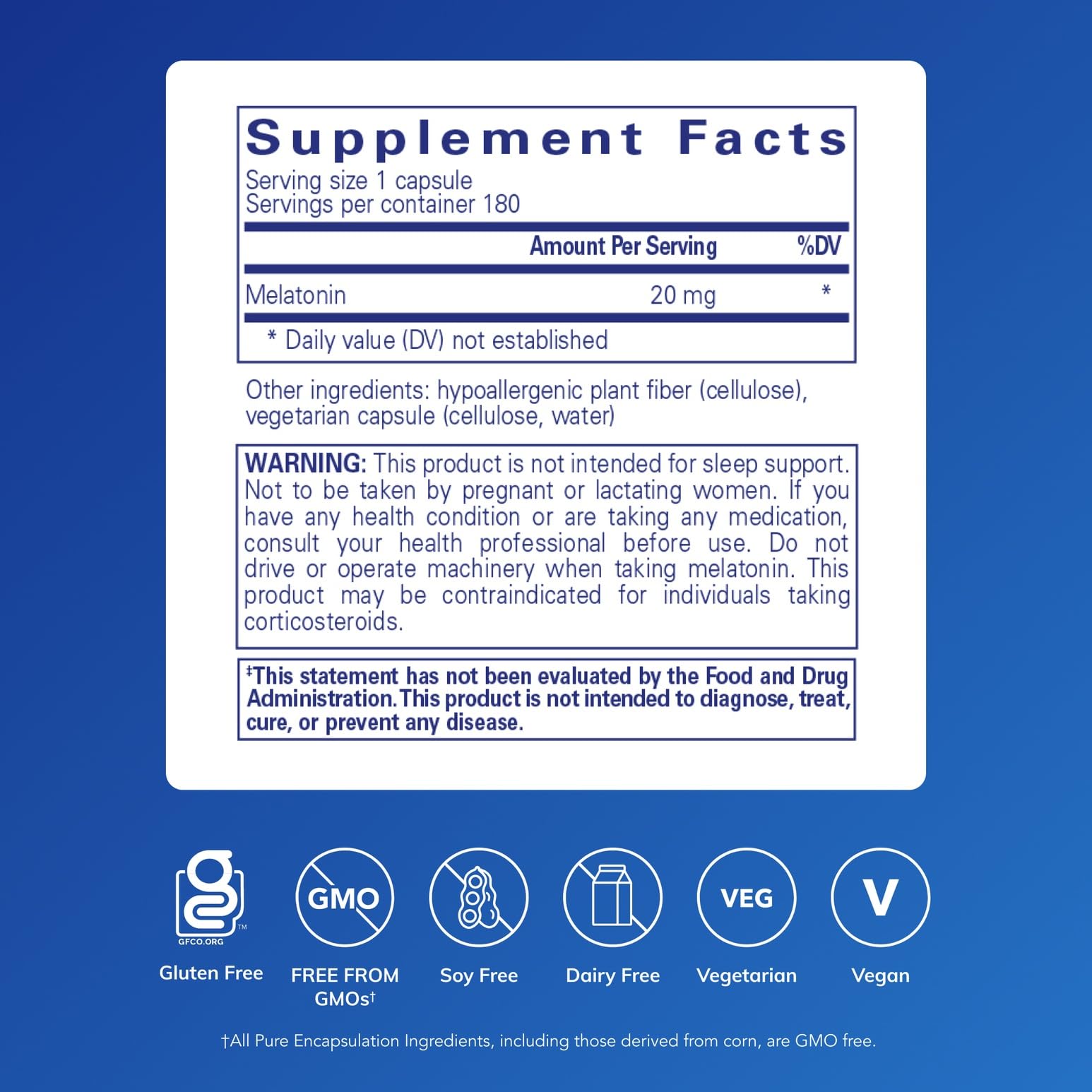 Pure Encapsulations Mélatonine 20 mg — capsules visibles — sans gluten et sans OGM