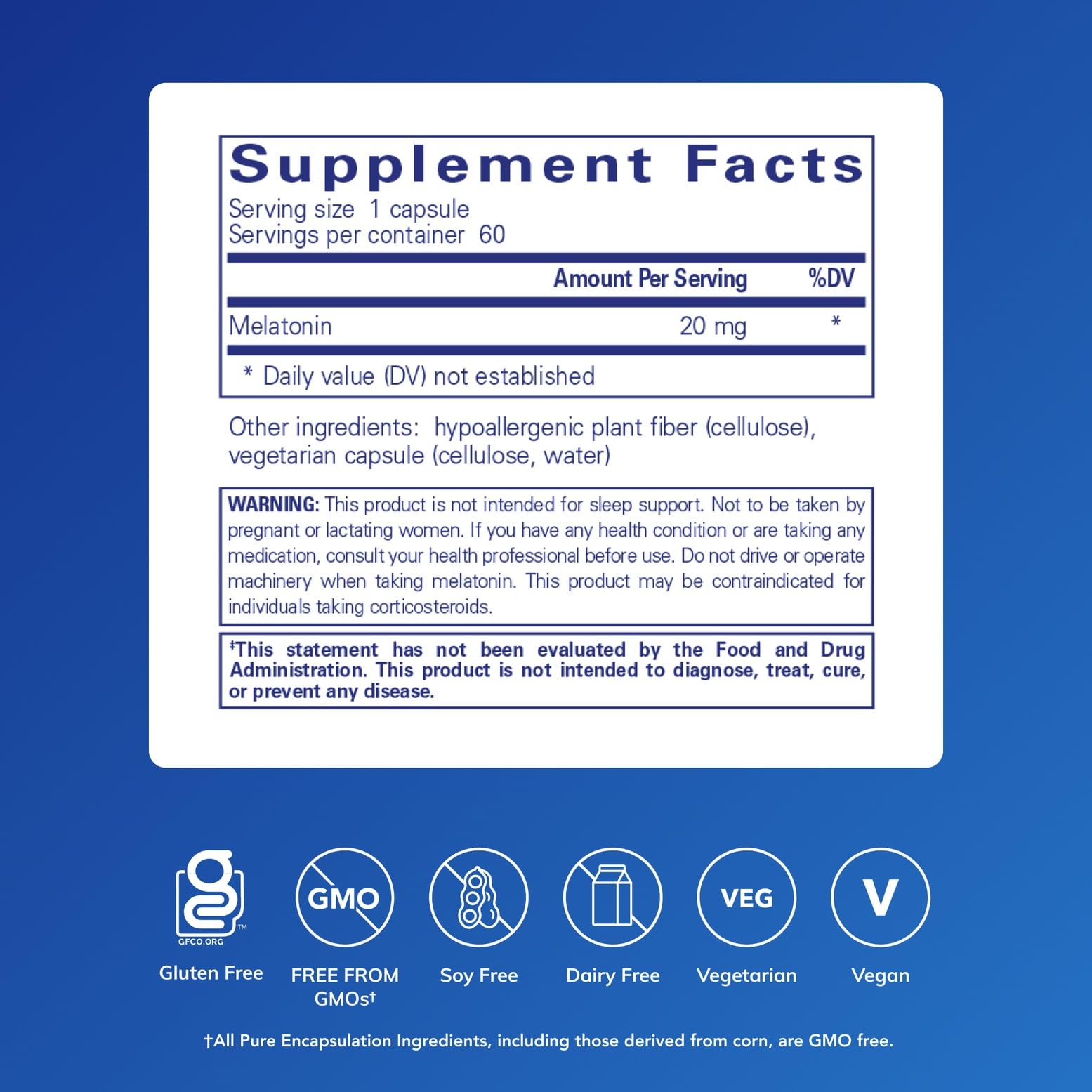 Pure Encapsulations Mélatonine 20 mg – étiquette lisible pour référence rapide.