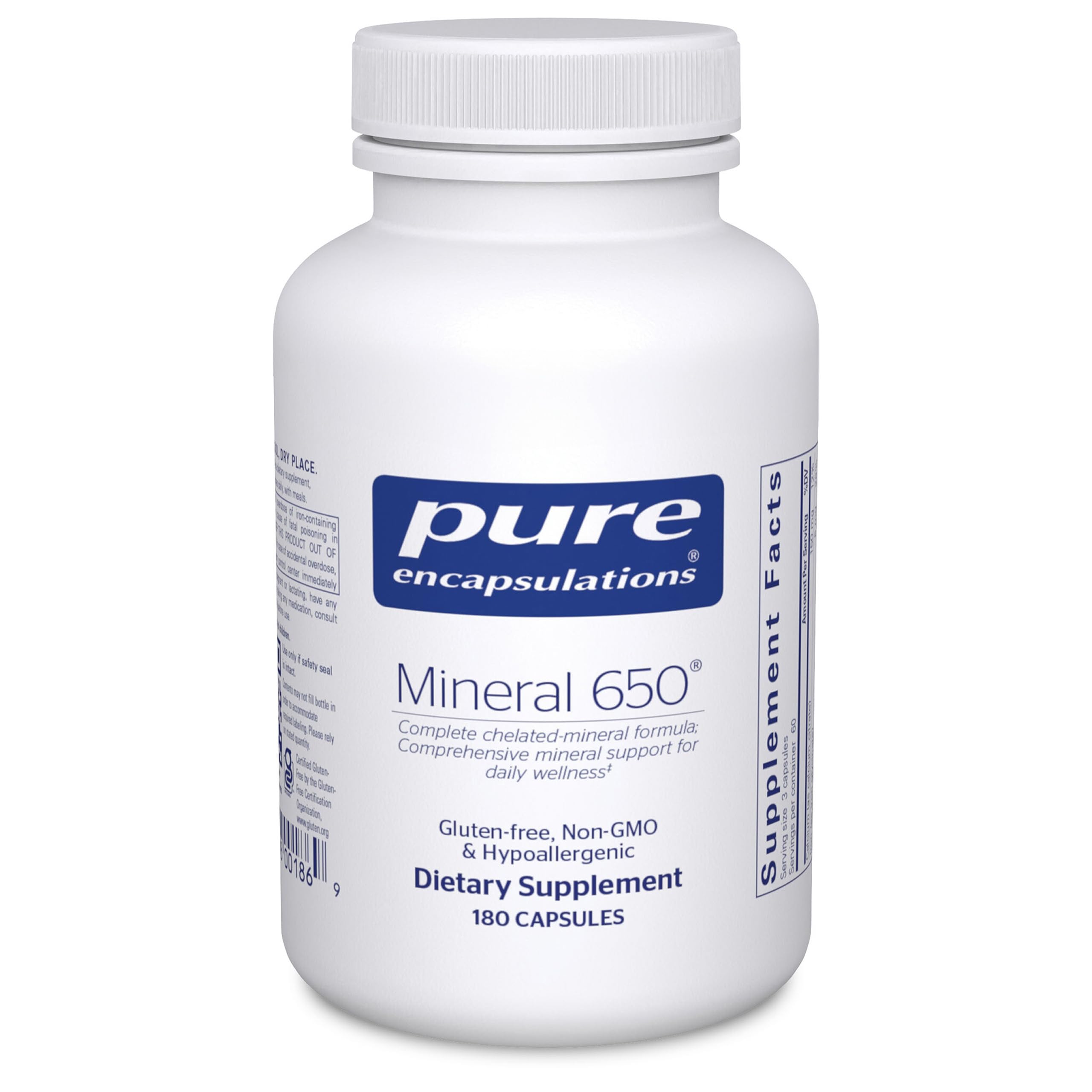 Pure Encapsulations Mineral 650 — bouteille présente, favorise une absorption minérale homogène et pratique.