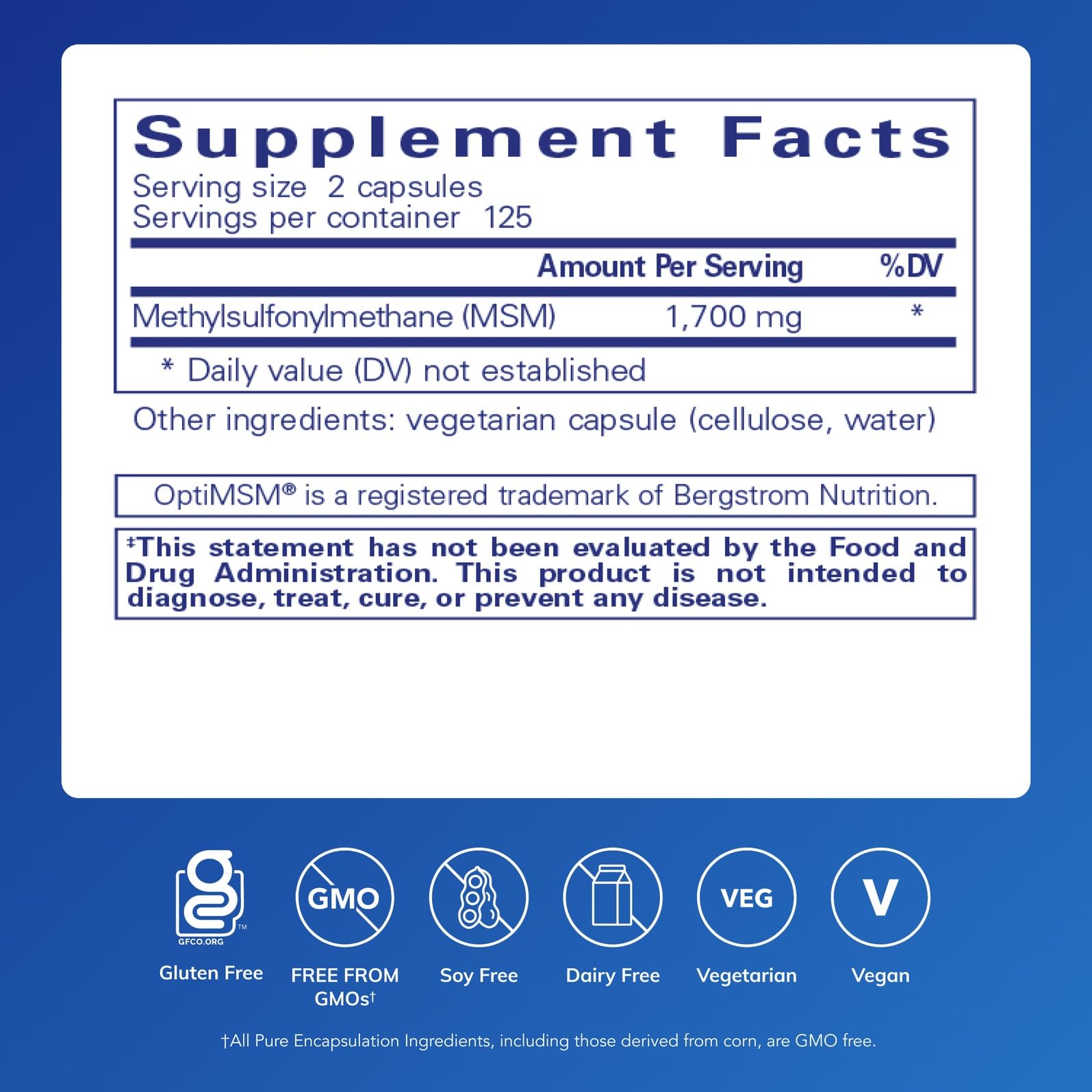 Étiquette Pure Encapsulations MSM sur les capsules, informations de dosage et pureté