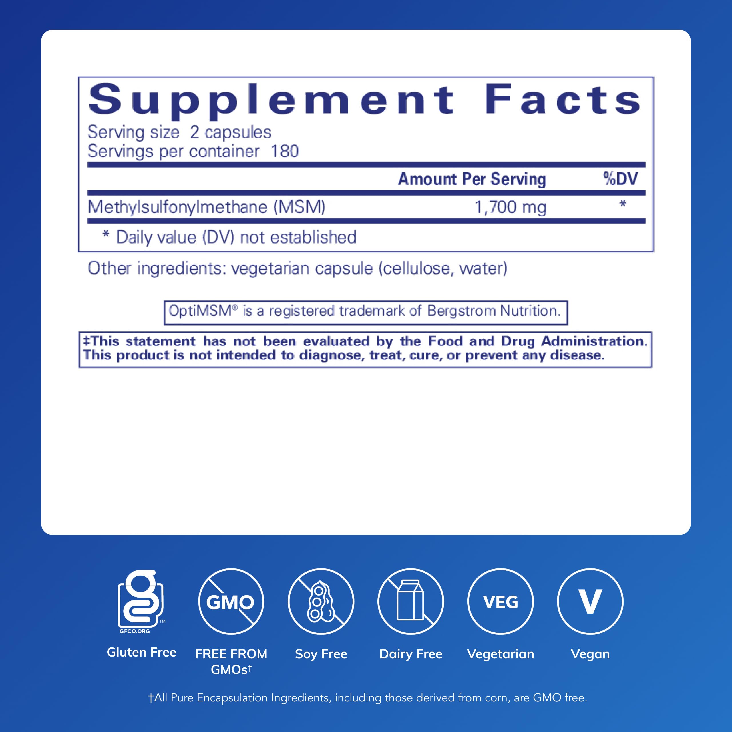 Pure Encapsulations MSM Capsules: etiquette détaillée et lisible sur l'emballage