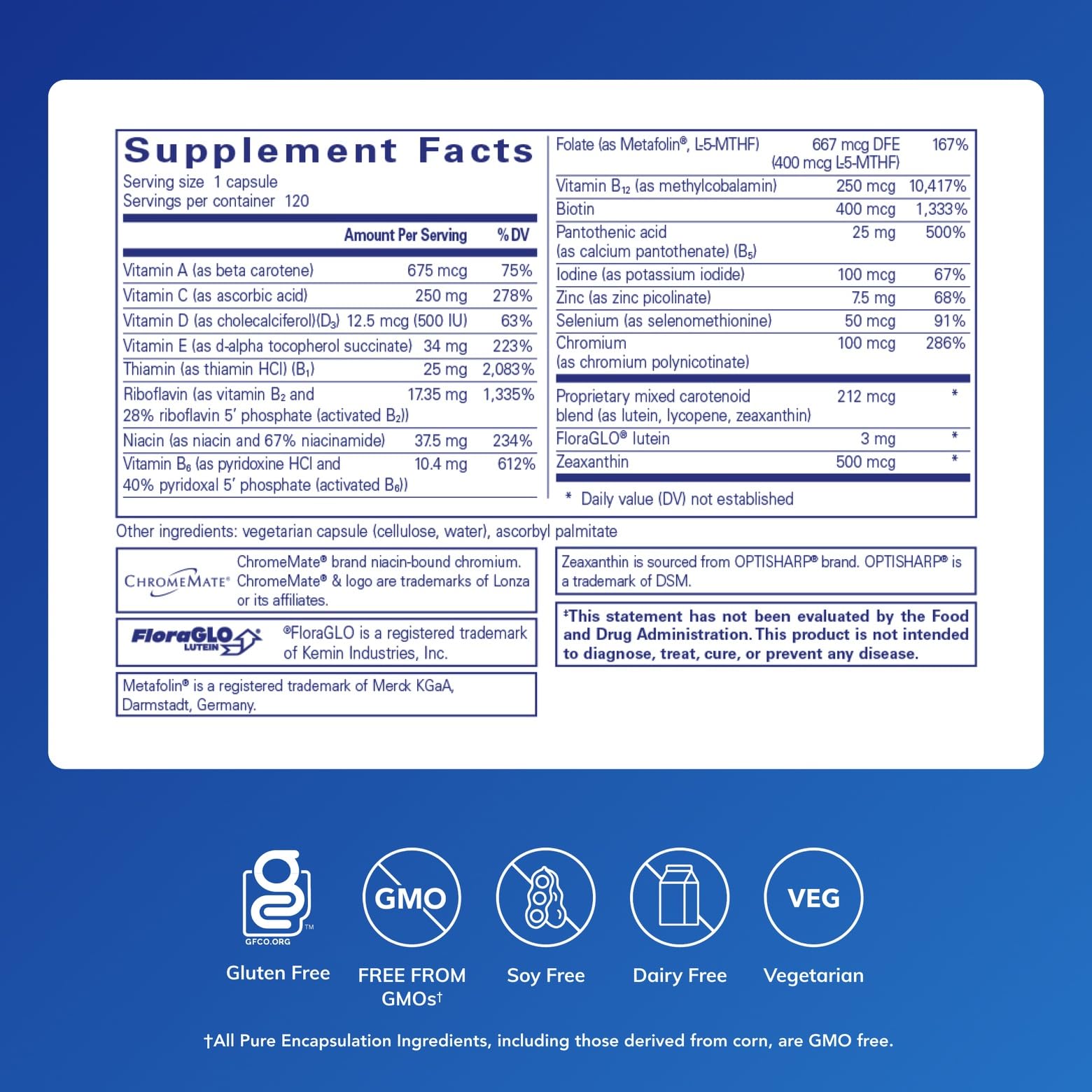 Étiquette produit Pure Encapsulations Multi T/D avec informations nutritionnelles claires