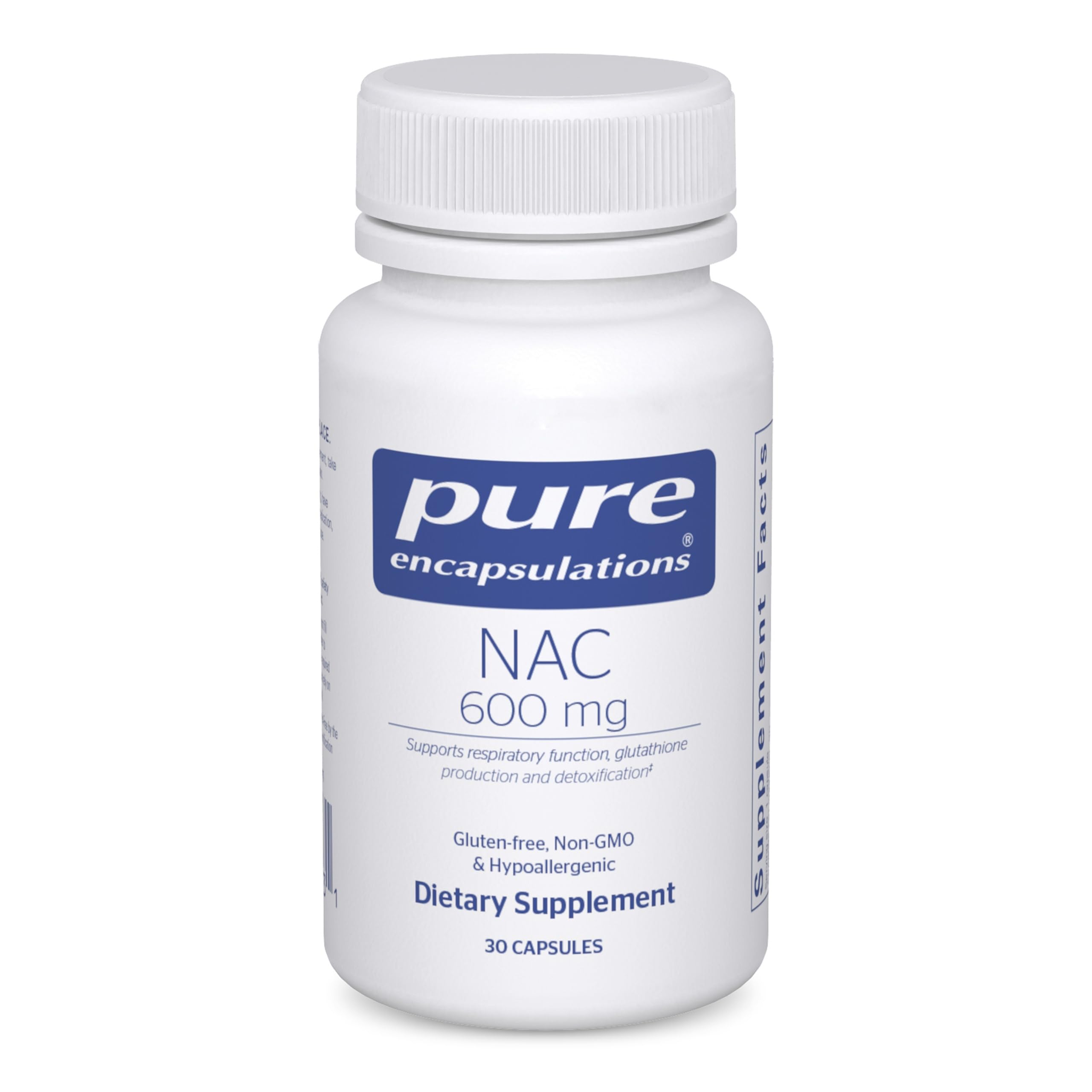 Pure Encapsulations NAC 600 mg — bouteille et étiquette, soutien potentiel des poumons.