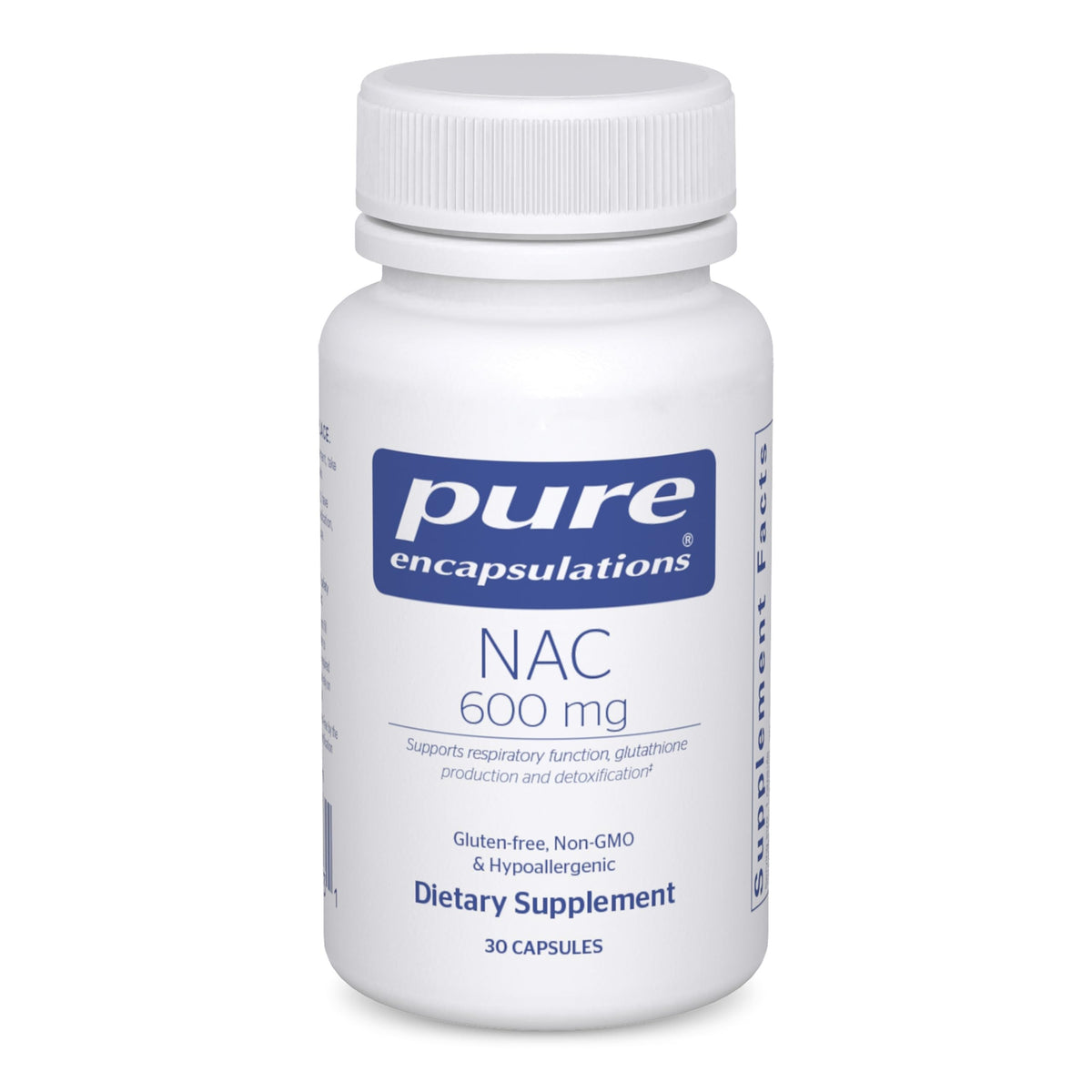 Pure Encapsulations NAC 600 mg — bouteille et étiquette, soutien potentiel des poumons.