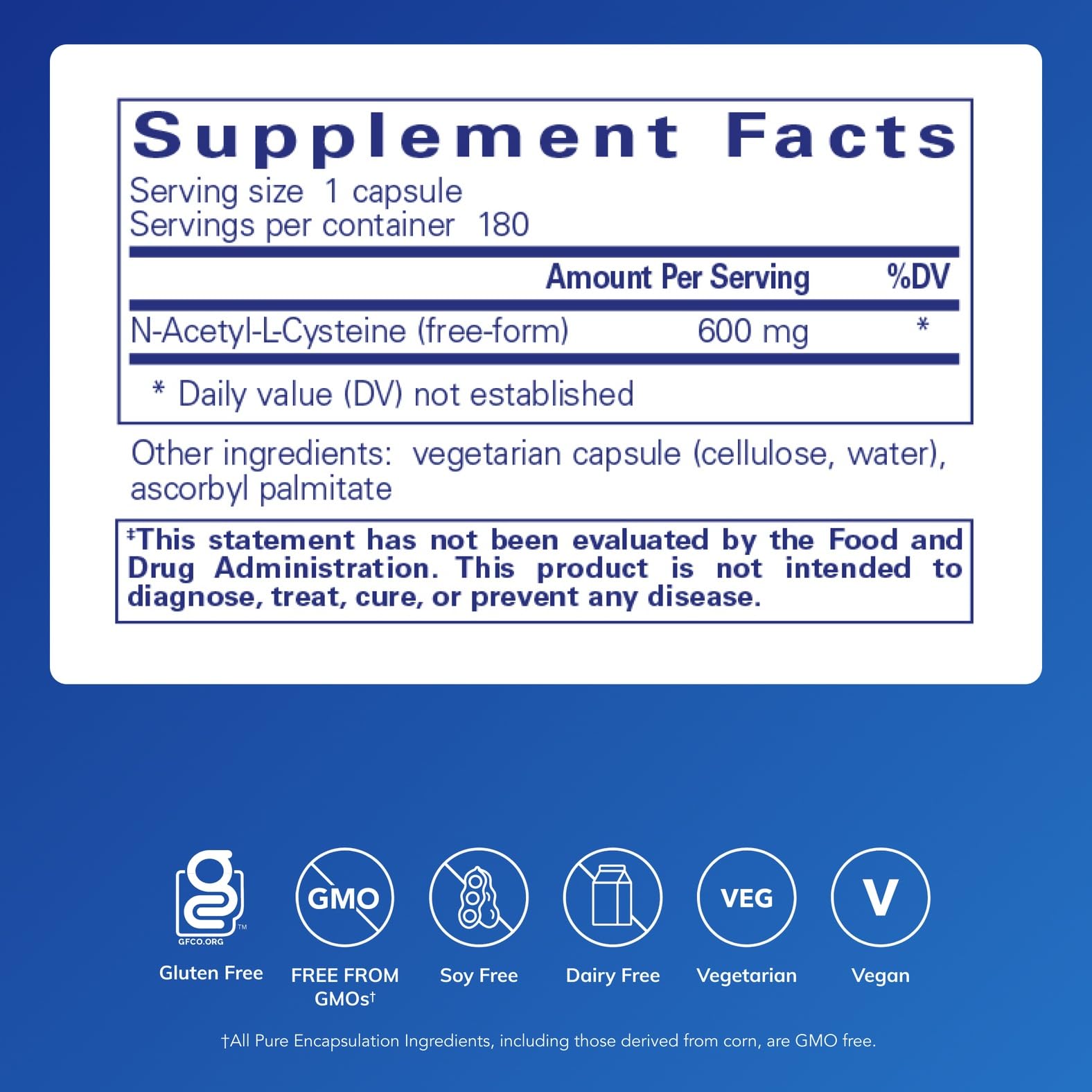 Étiquette lisible de Pure Encapsulations NAC 600 mg, informations d'utilisation et ingrédients.