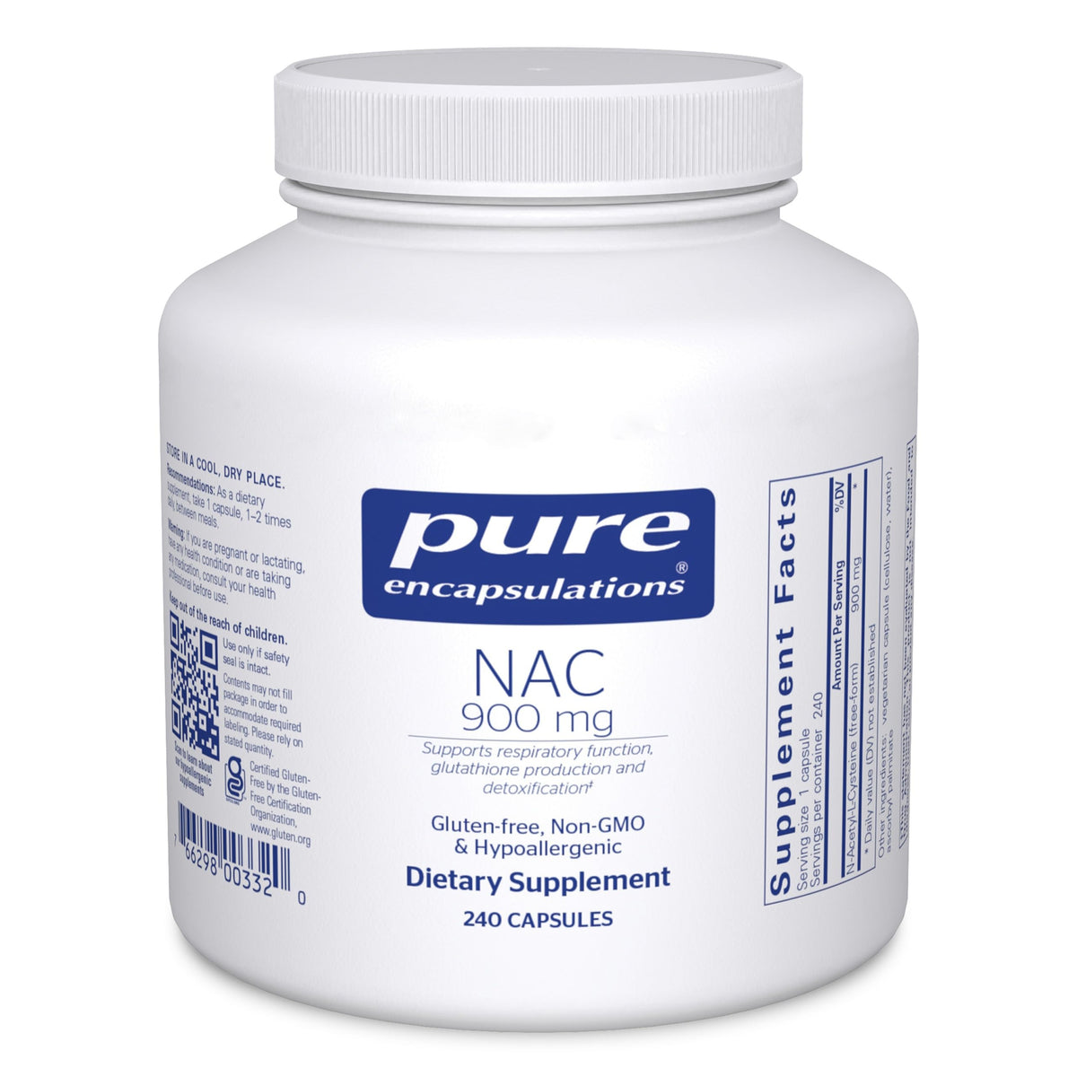 Bouteille Pure Encapsulations NAC 900 mg pour un soutien antioxydant et pulmonaire potentiel.