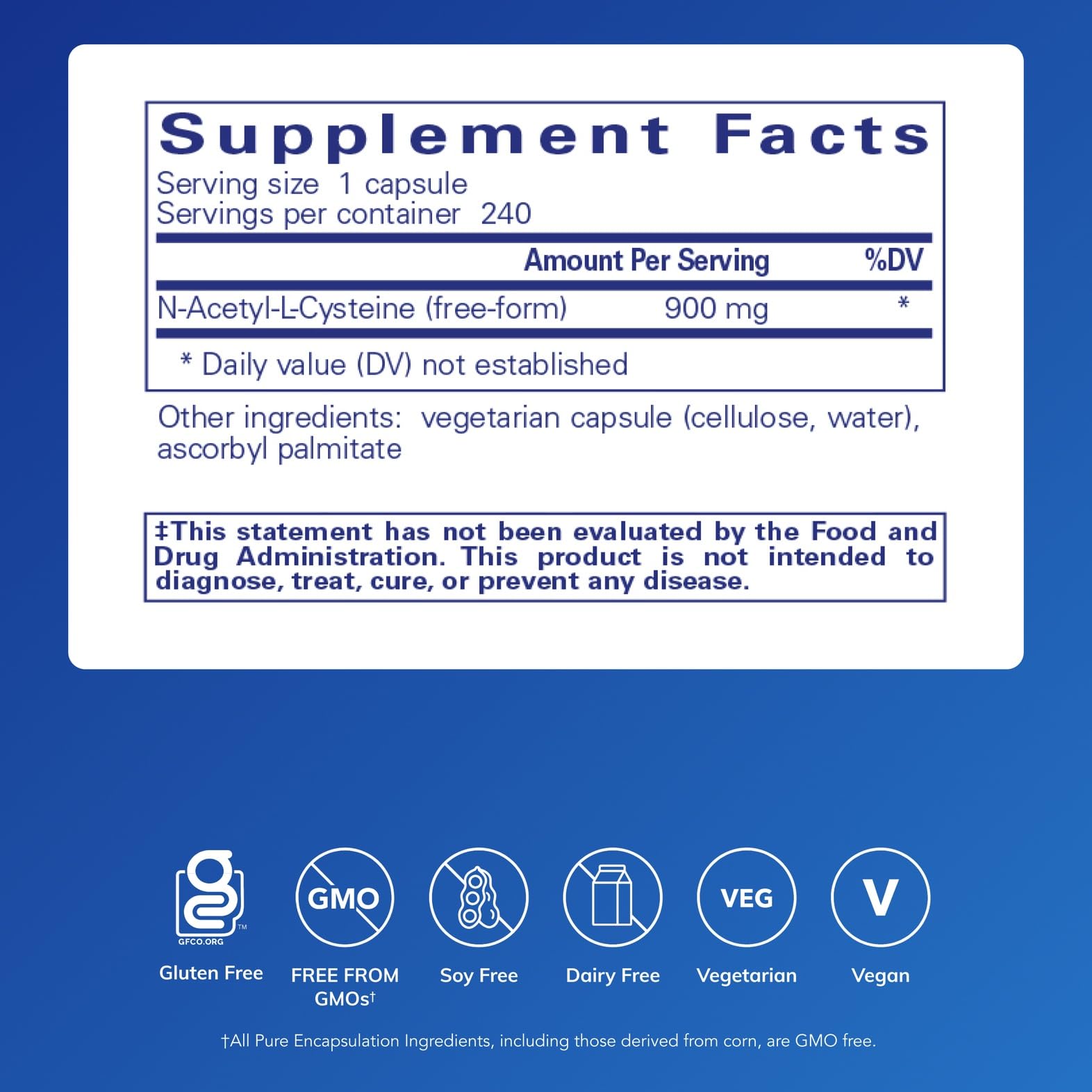 Gélules NAC 900 mg Pure Encapsulations, faciles à prendre pour le bien-être quotidien.