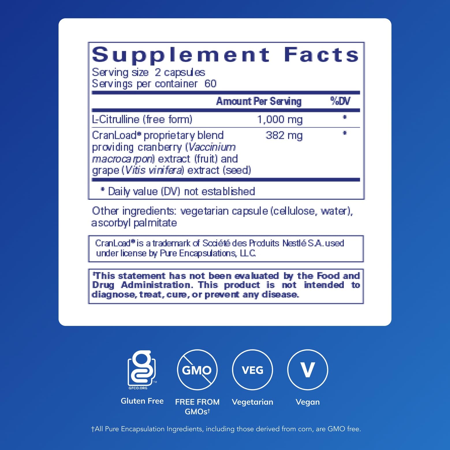 Pure Encapsulations Nitric Oxide Ultra – capsules : formulation sans allergènes et sans OGM.