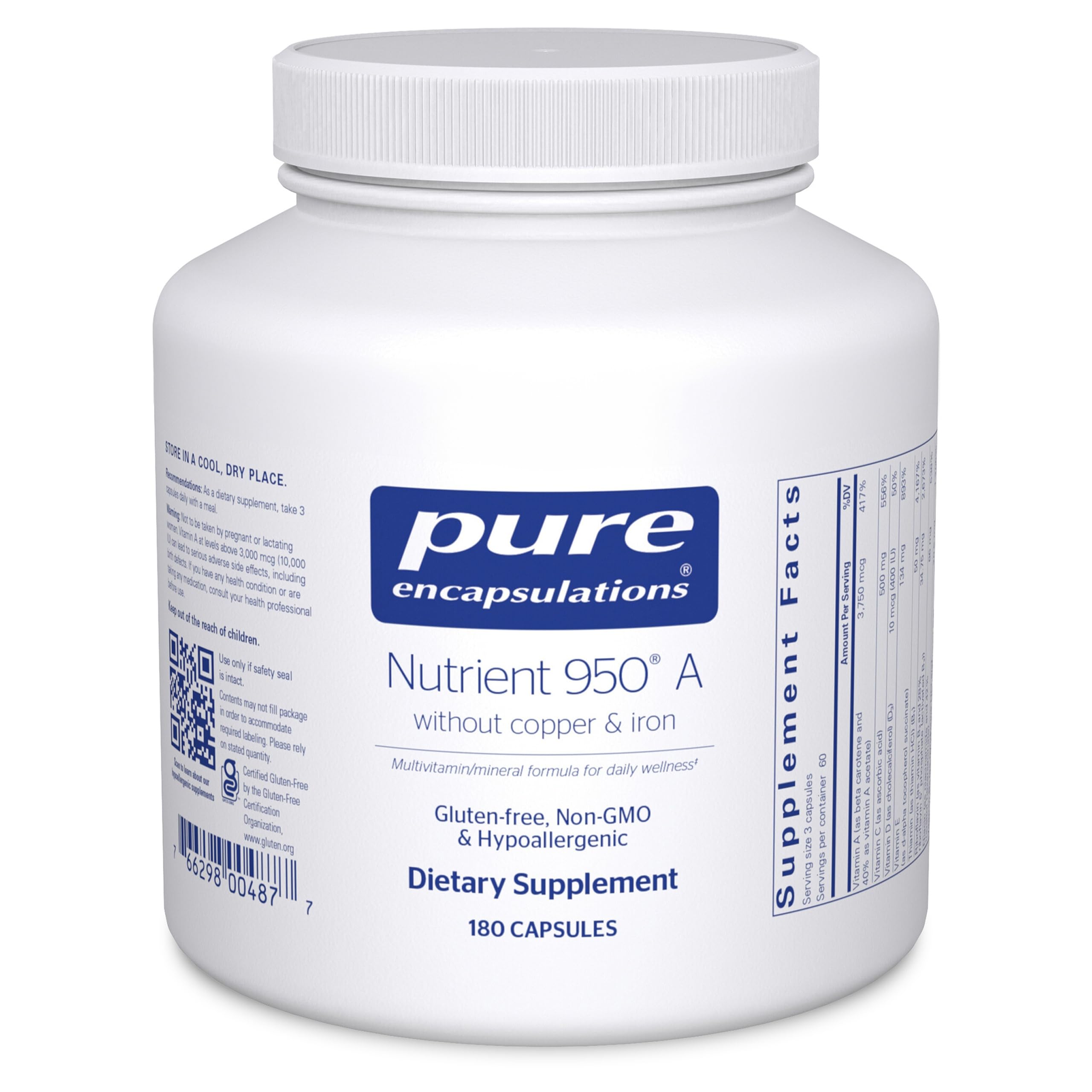 Pure Encapsulations Nutrient 950 A sans cuivre et fer, bouteille hypoallergénique prête à l'emploi.