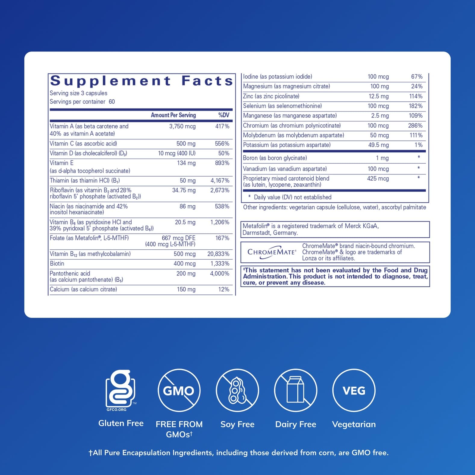 Pure Encapsulations Nutrient 950 A sans cuivre et fer, gélules faciles à avaler.