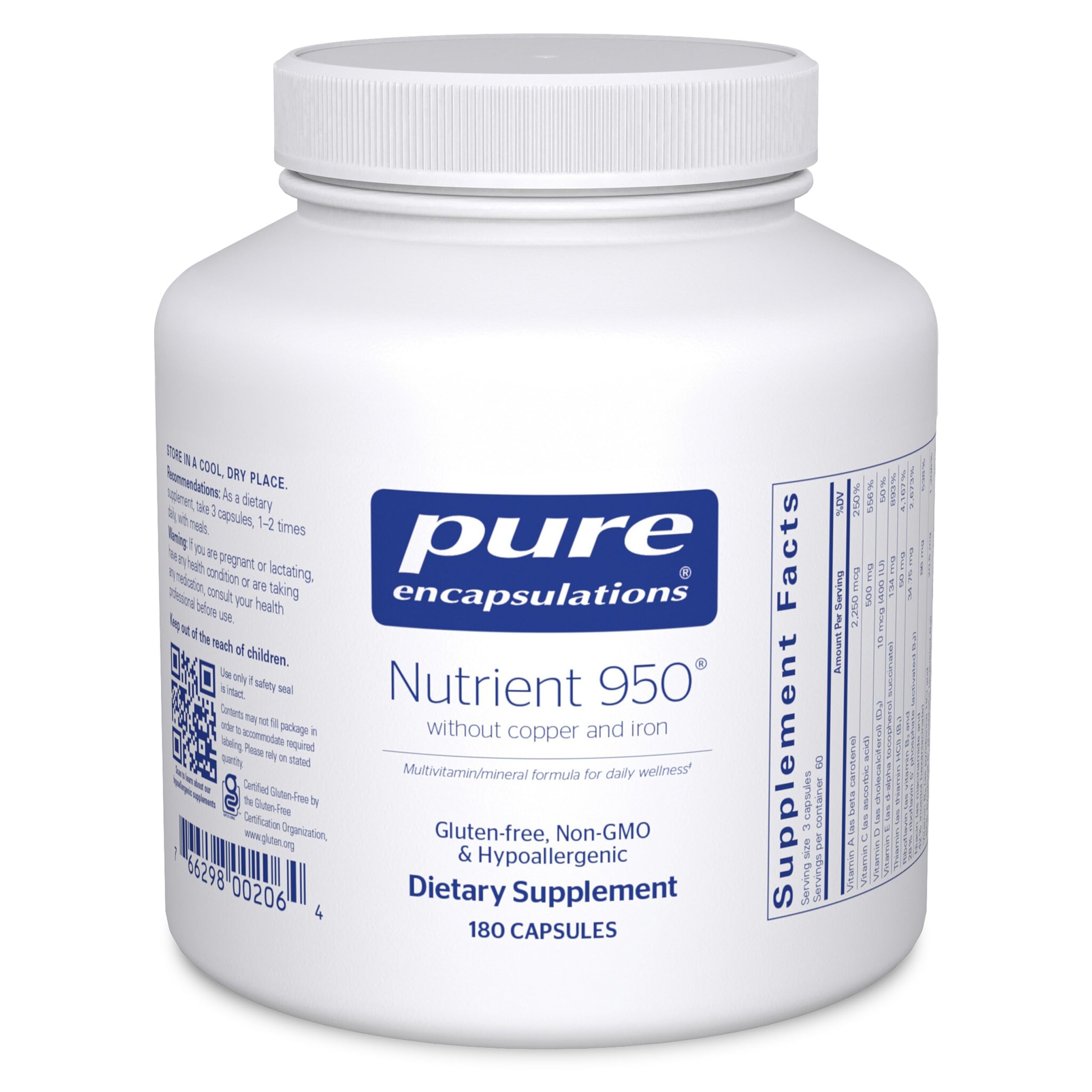 Nutrient 950 sans cuivre et fer en bouteille Pure Encapsulations, soutien nutritionnel quotidien.