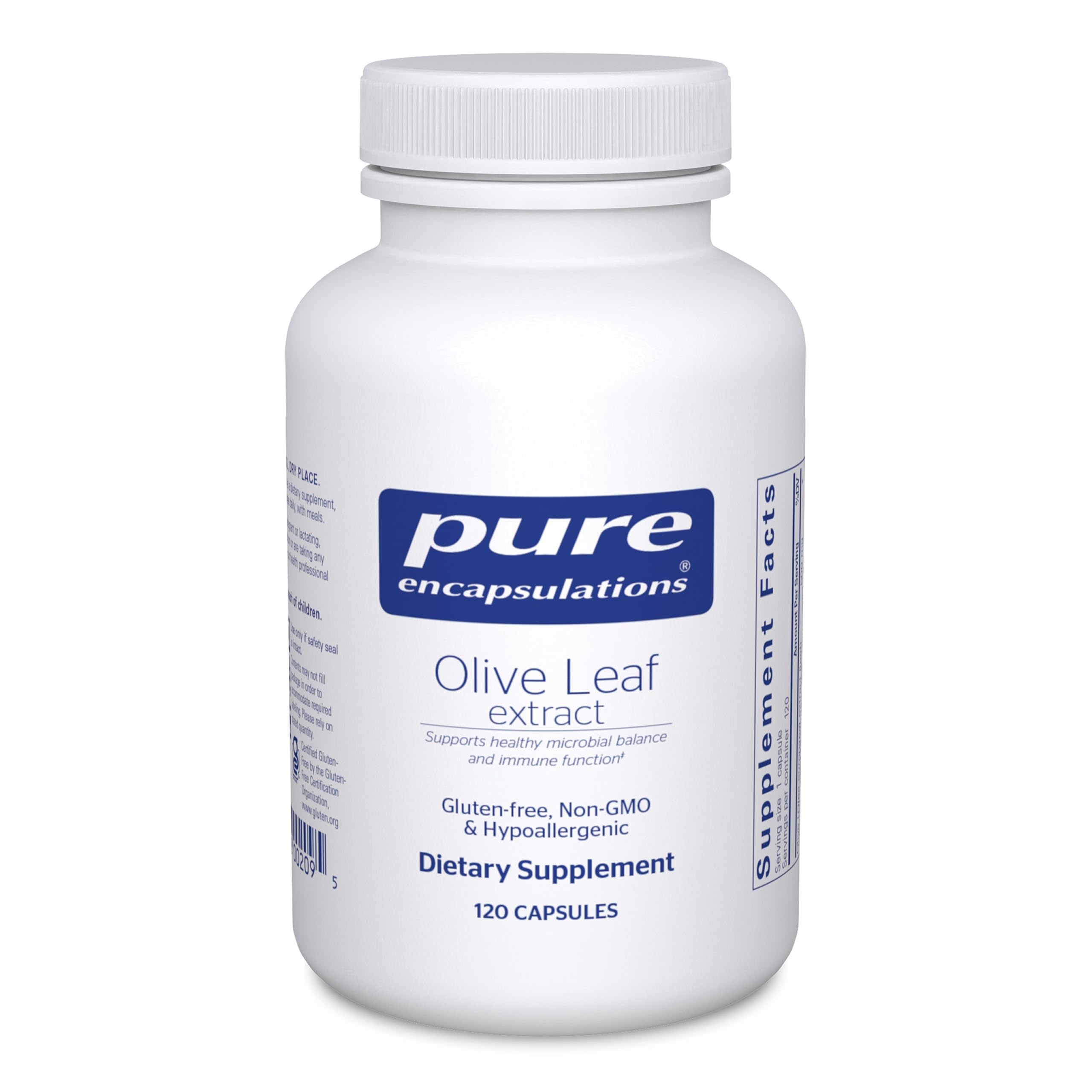 Pure Encapsulations Olive Leaf Extract — bouteille montrant le produit et soutien immunitaire potentiel.