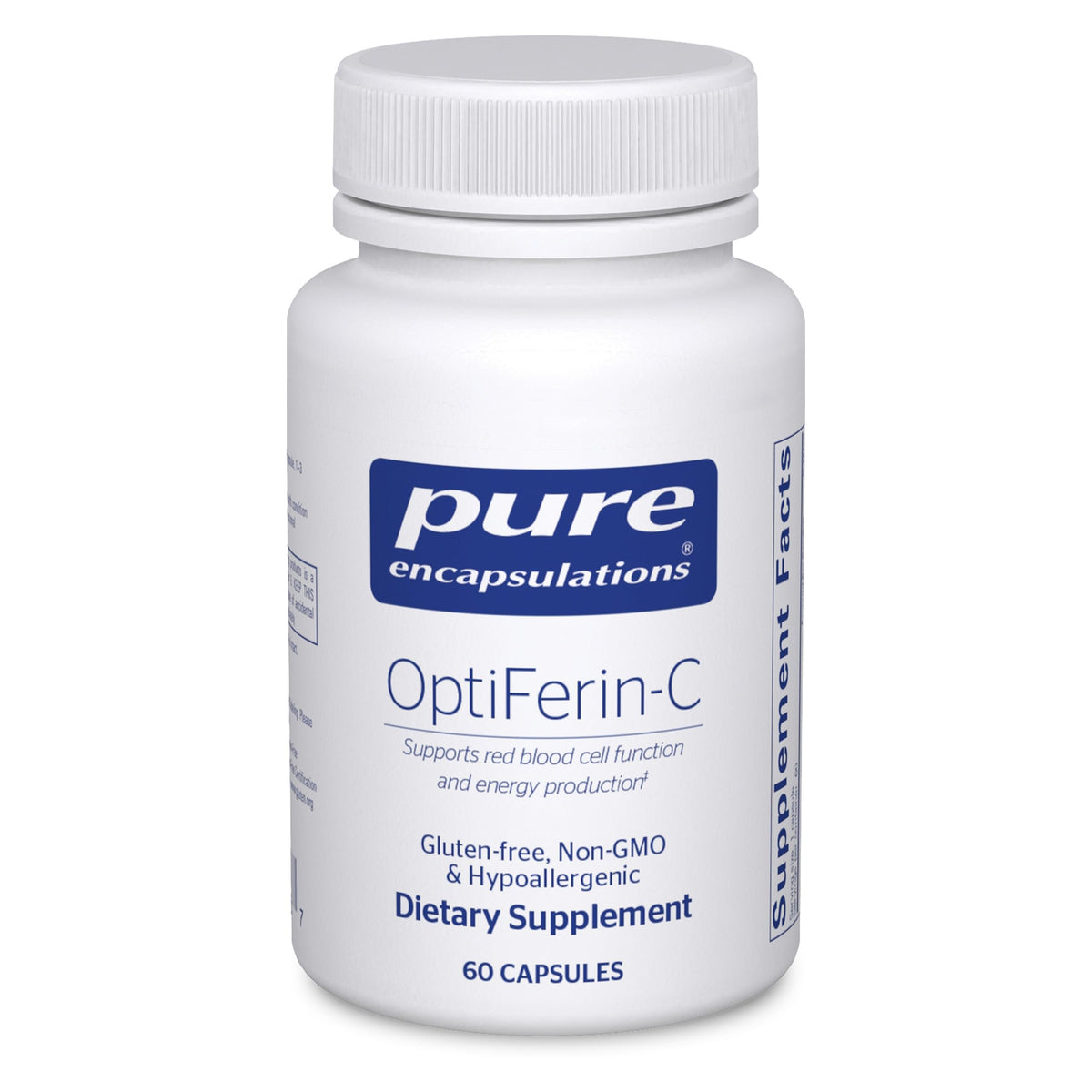 Pure Encapsulations OptiFerin-C dans la bouteille, soutien potentiel à l’absorption du fer.