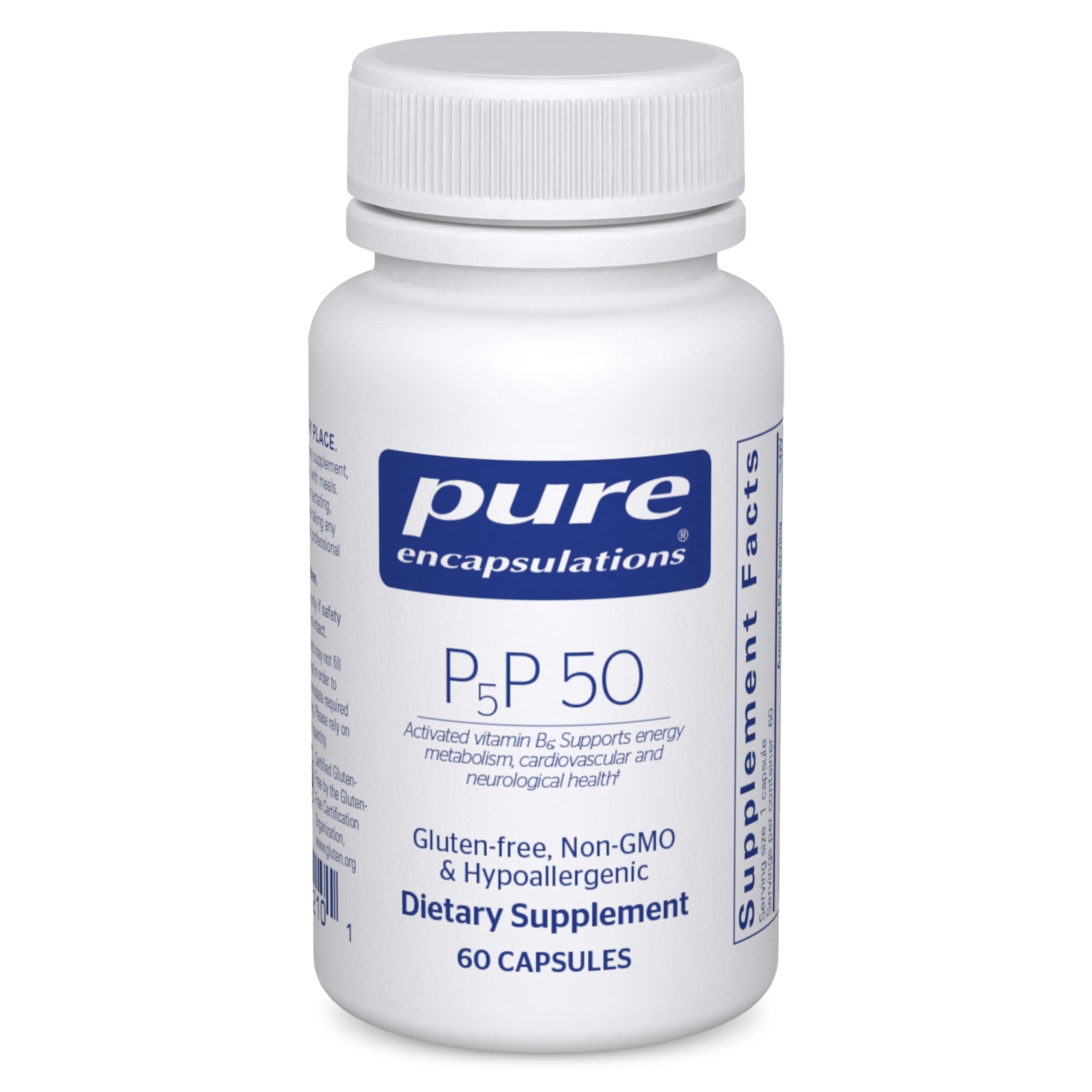 Pure Encapsulations P5P 50 – bouteille en gros plan, soutien potentiel énergie et clarté mentale.