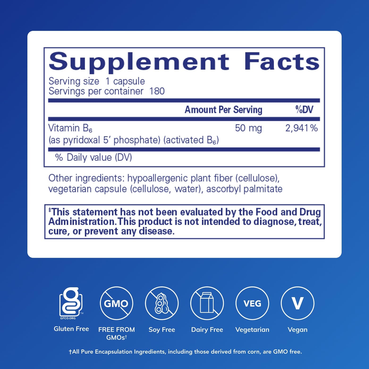 Pure Encapsulations P5P 50 - Étiquette visible, produit sans gluten et sans OGM.