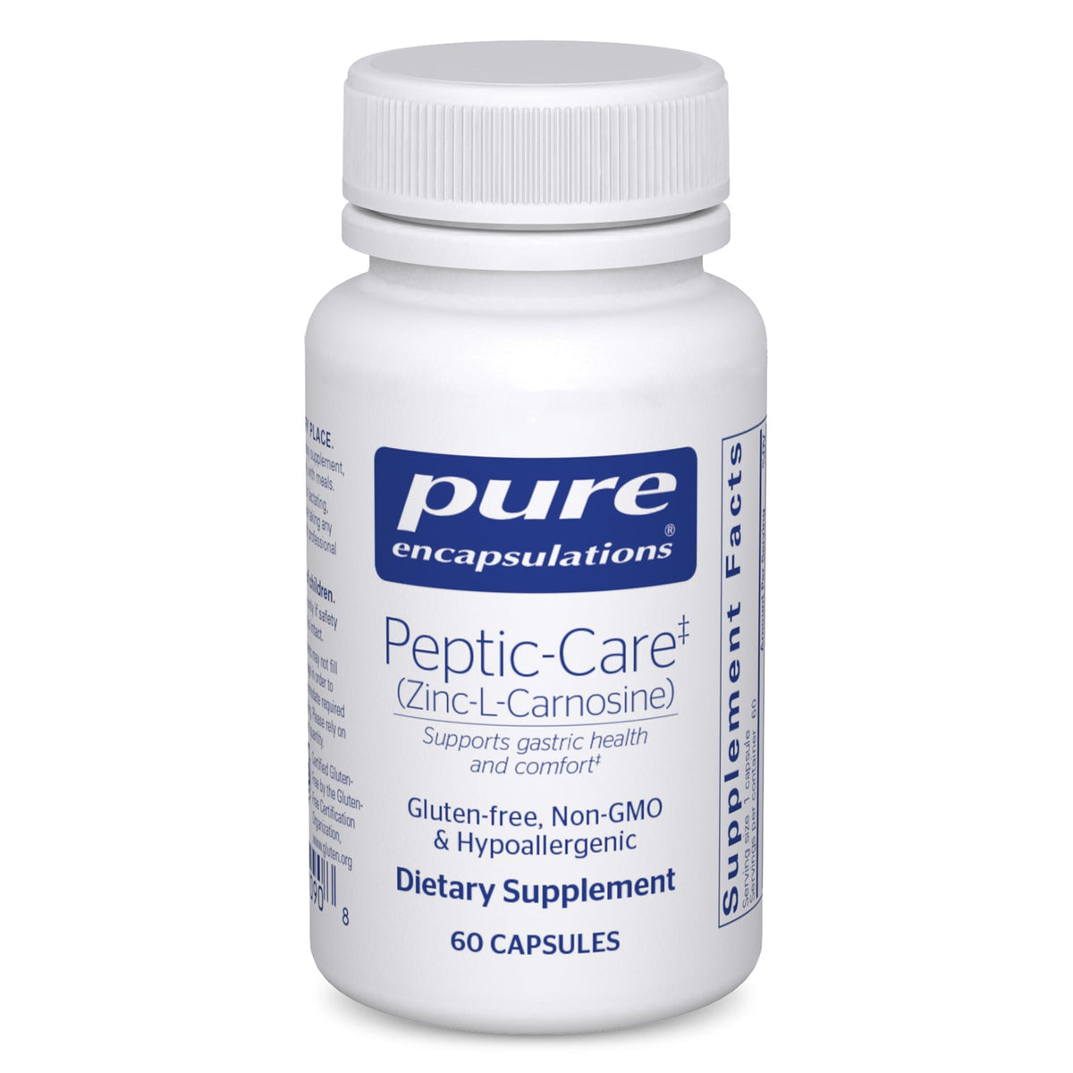 Pure Encapsulations Peptic-Care bouteille avec des comprimés pour le soutien gastrique potentiel.