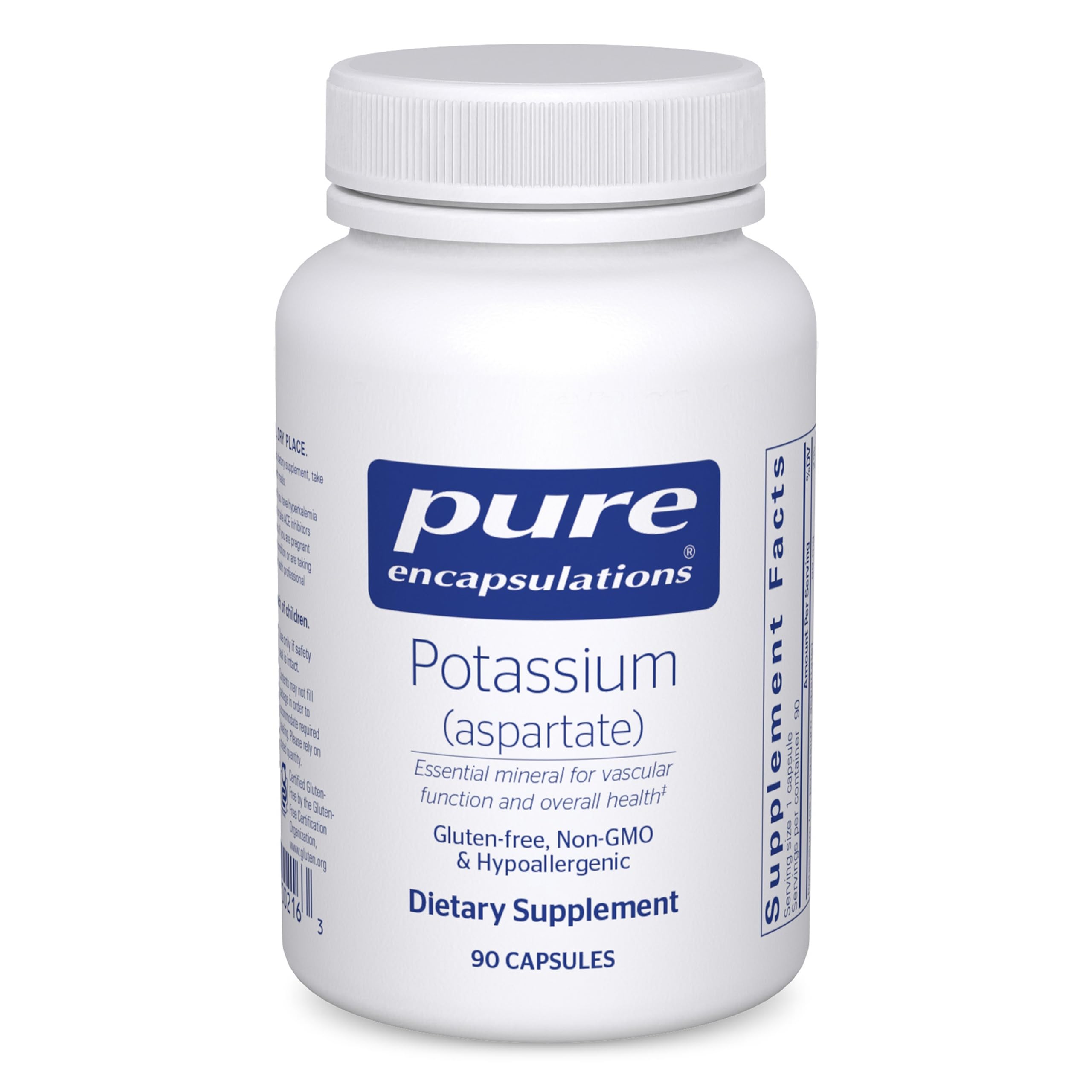 Pure Encapsulations Potassium aspartate – bouteille transparente, soutien nerveux et musculaire.