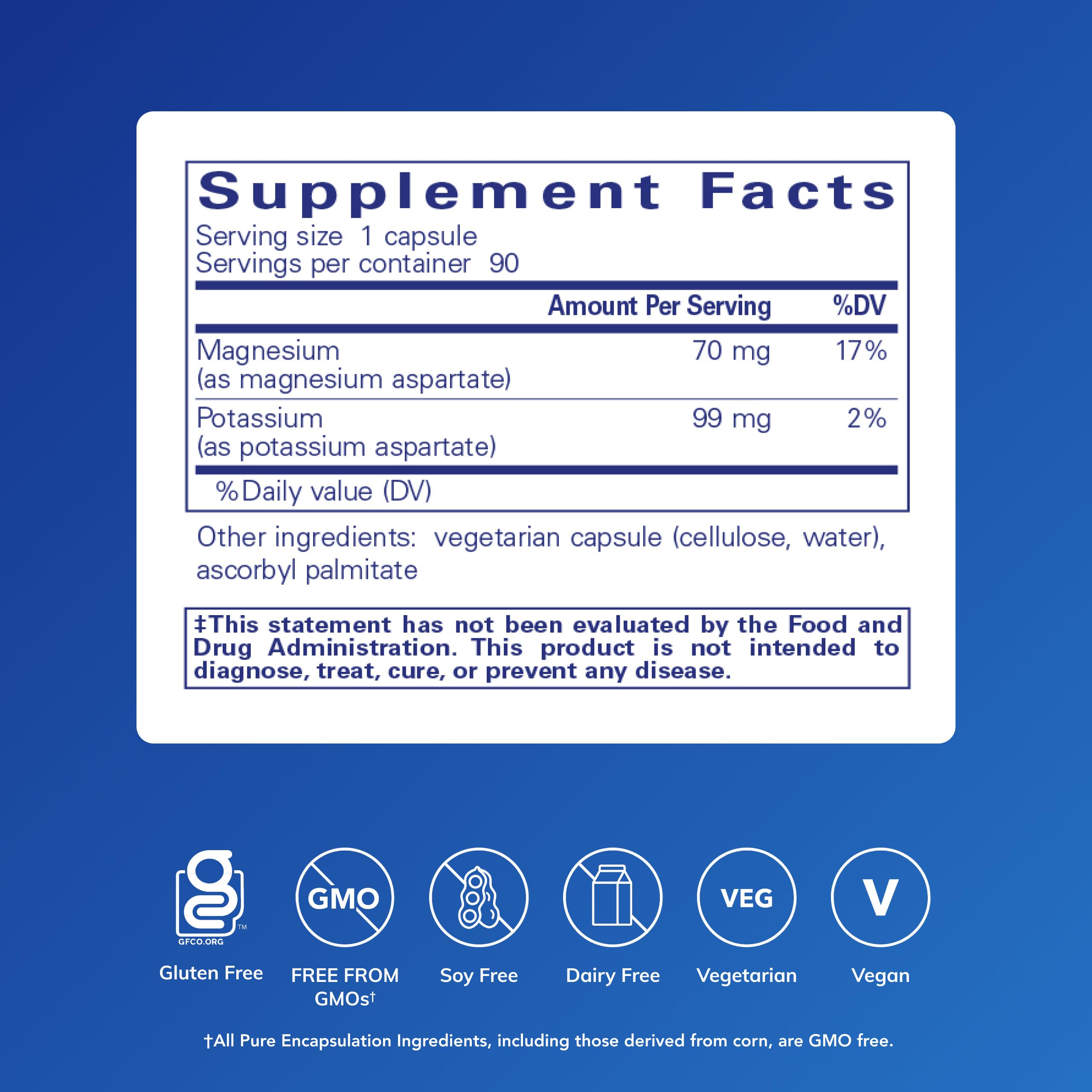 Pure Encapsulations Potassium Magnésium (Aspartate) — capsules sur l'image, soutien potentiel des nerfs et des muscles.