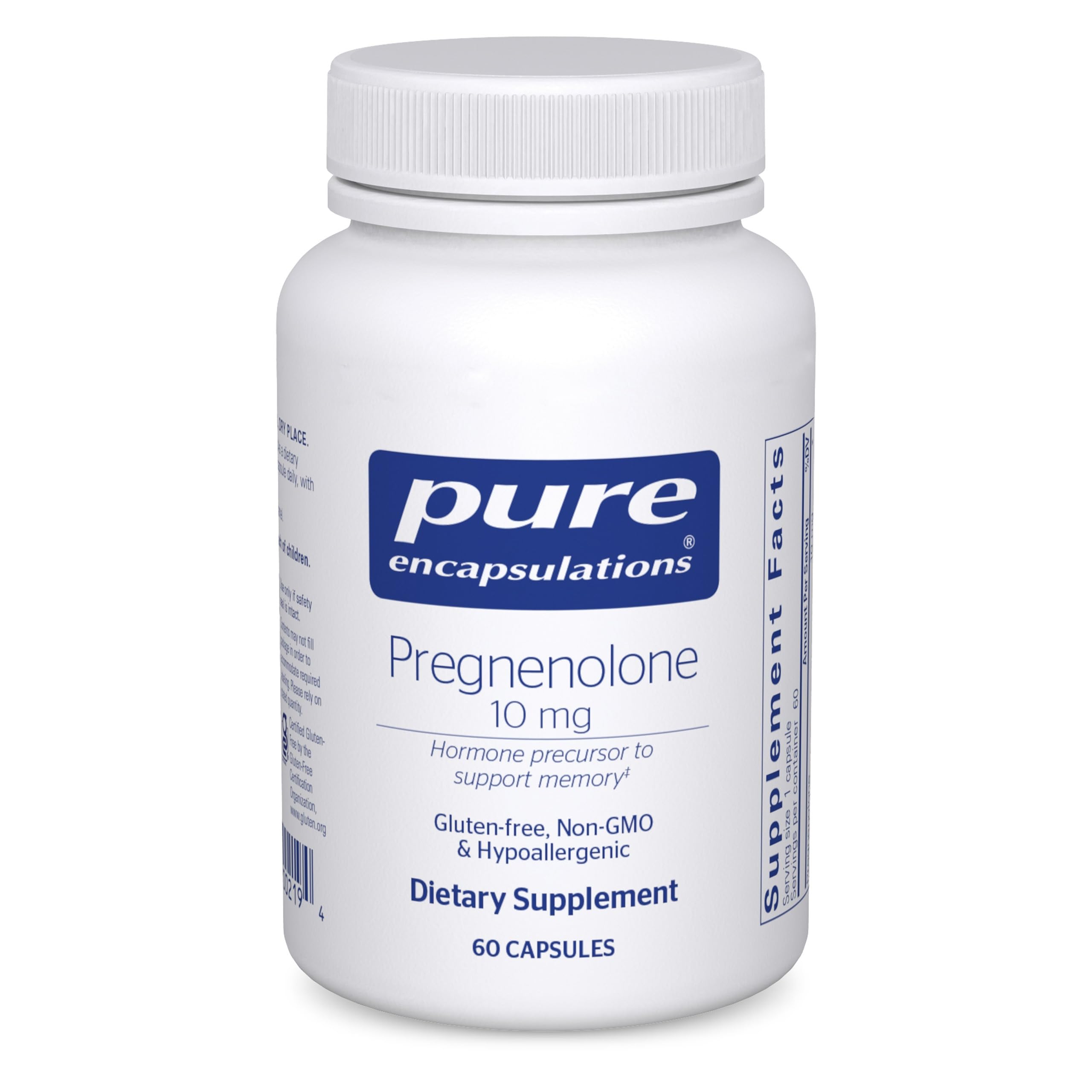 Pure Encapsulations Pregnenolone 10 mg, bouteille de pilules, soutien mémoire potentiel.