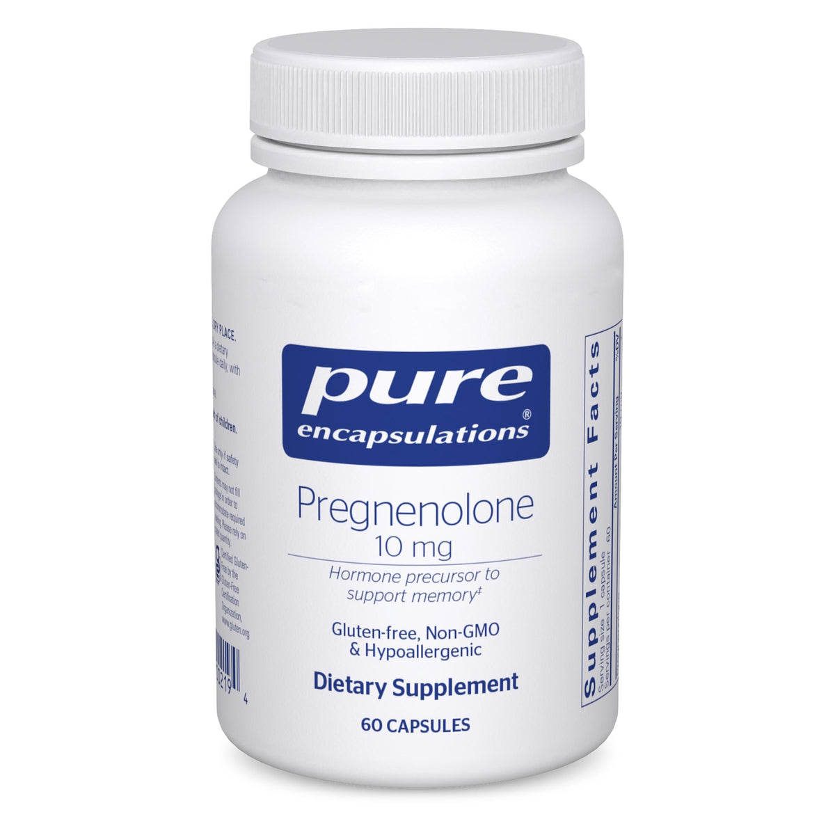 Pure Encapsulations Pregnenolone 10 mg, bouteille de pilules, soutien mémoire potentiel.