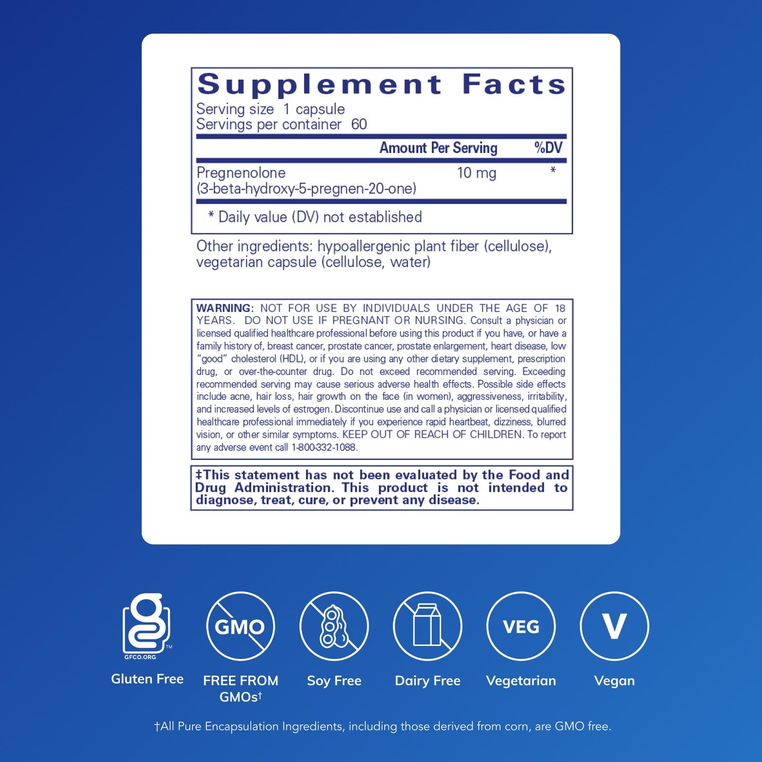Pure Encapsulations Pregnenolone 10 mg, capsules vegan, visibles, pour un soutien neuro-humoral possible.