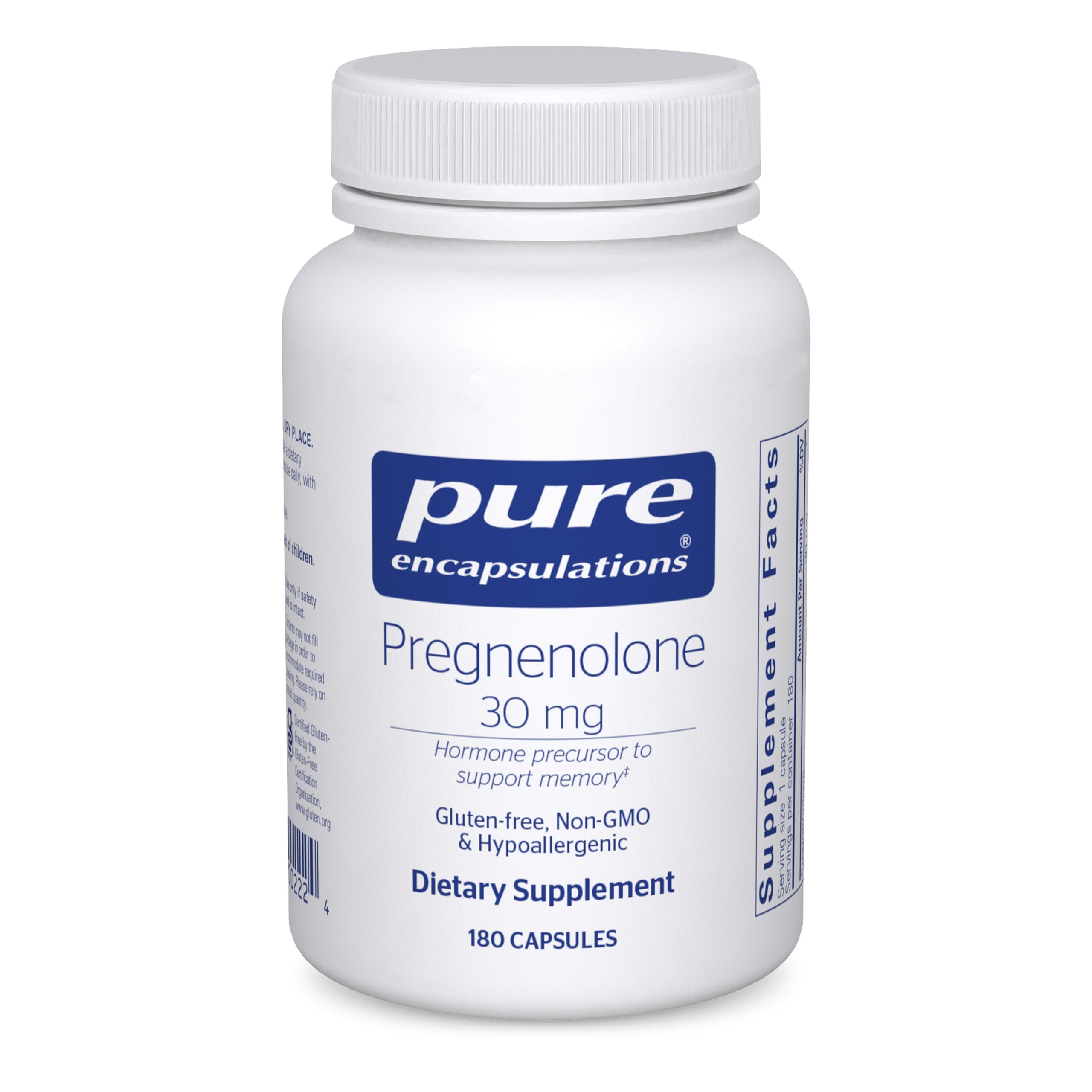 Pure Encapsulations Pregnenolone 30 mg sur bouteille, soutien mémoire et équilibre hormonal possible.