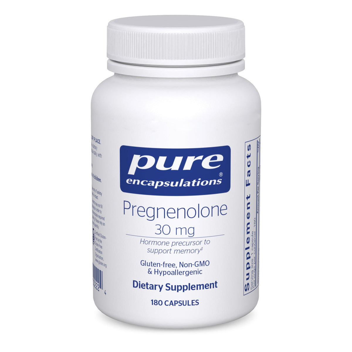 Pure Encapsulations Pregnenolone 30 mg sur bouteille, soutien mémoire et équilibre hormonal possible.