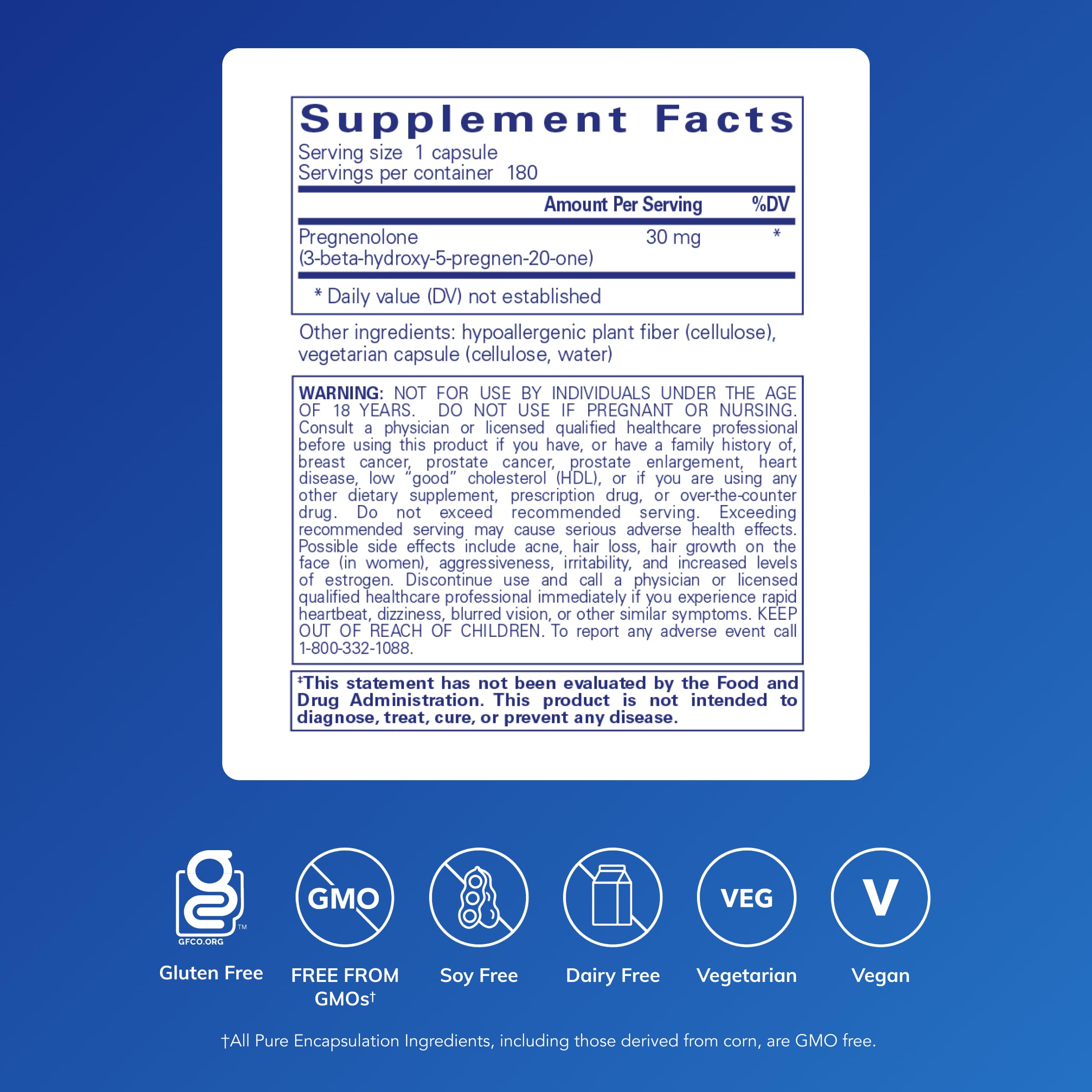 Pure Encapsulations Pregnenolone 30 mg - capsules végétales, utilisation quotidienne simple et sans allergènes.