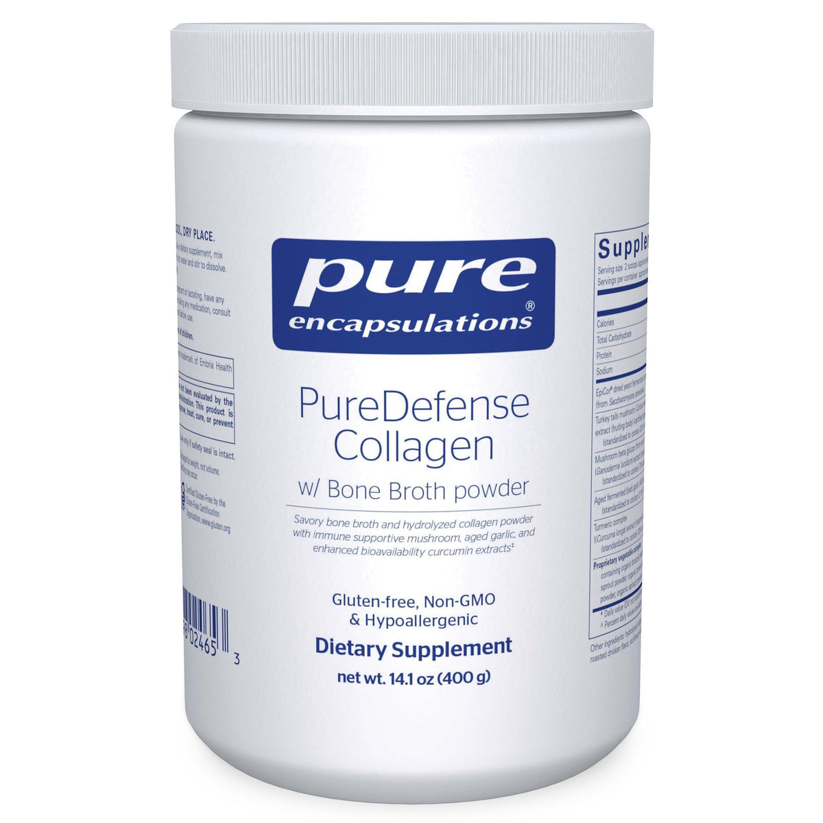 PureDefense Collagen avec bouillon d’os, poudre savoureuse et soutien immunitaire potentiel.