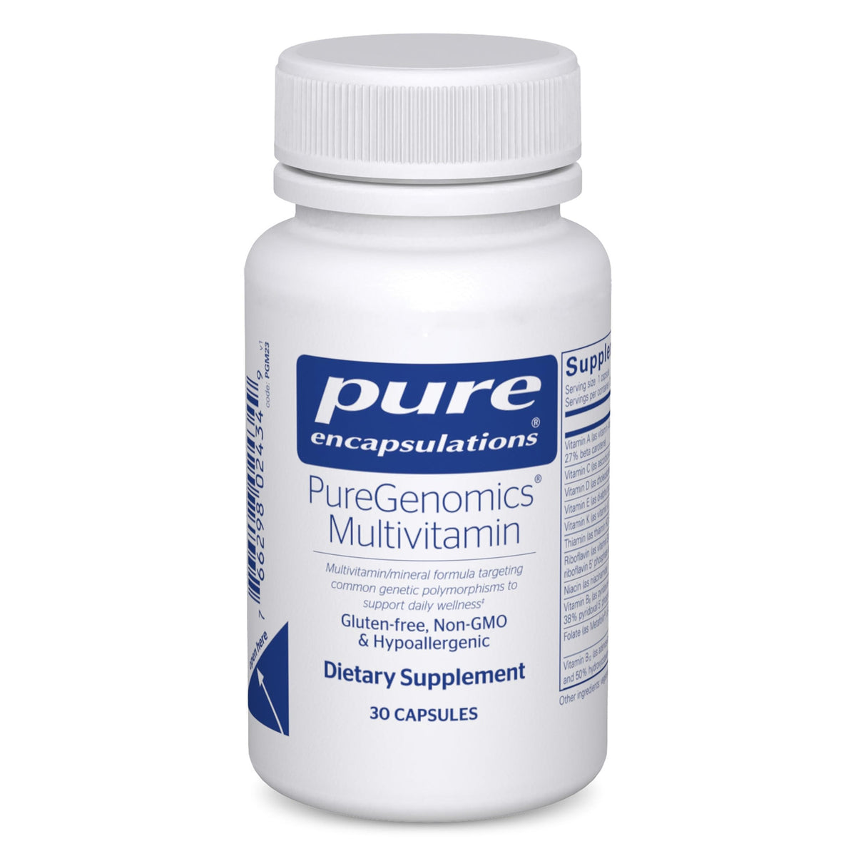 PureGenomics Multivitamin : bouteille visible pour un apport quotidien potentiel.
