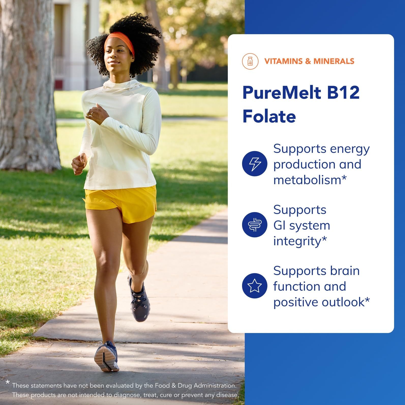 Texture douce de la pastille PureMelt B12 Folate sur la langue